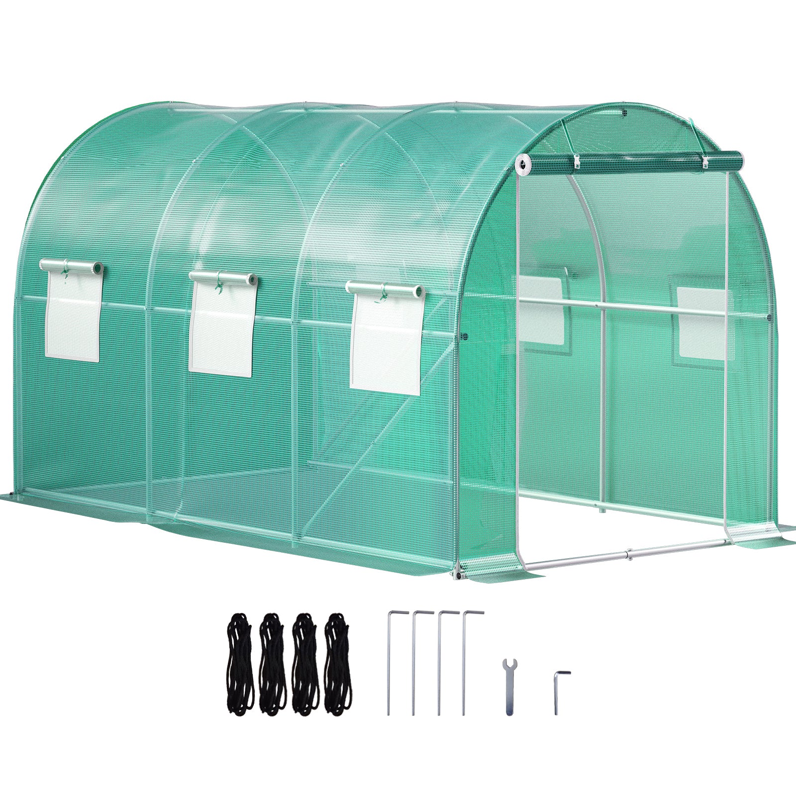 12ft x 7ft x 7ft Walk‑In Tunnel Greenhouse — Galvanized Steel Frame Roll‑Up Windows & Zippered Door Green