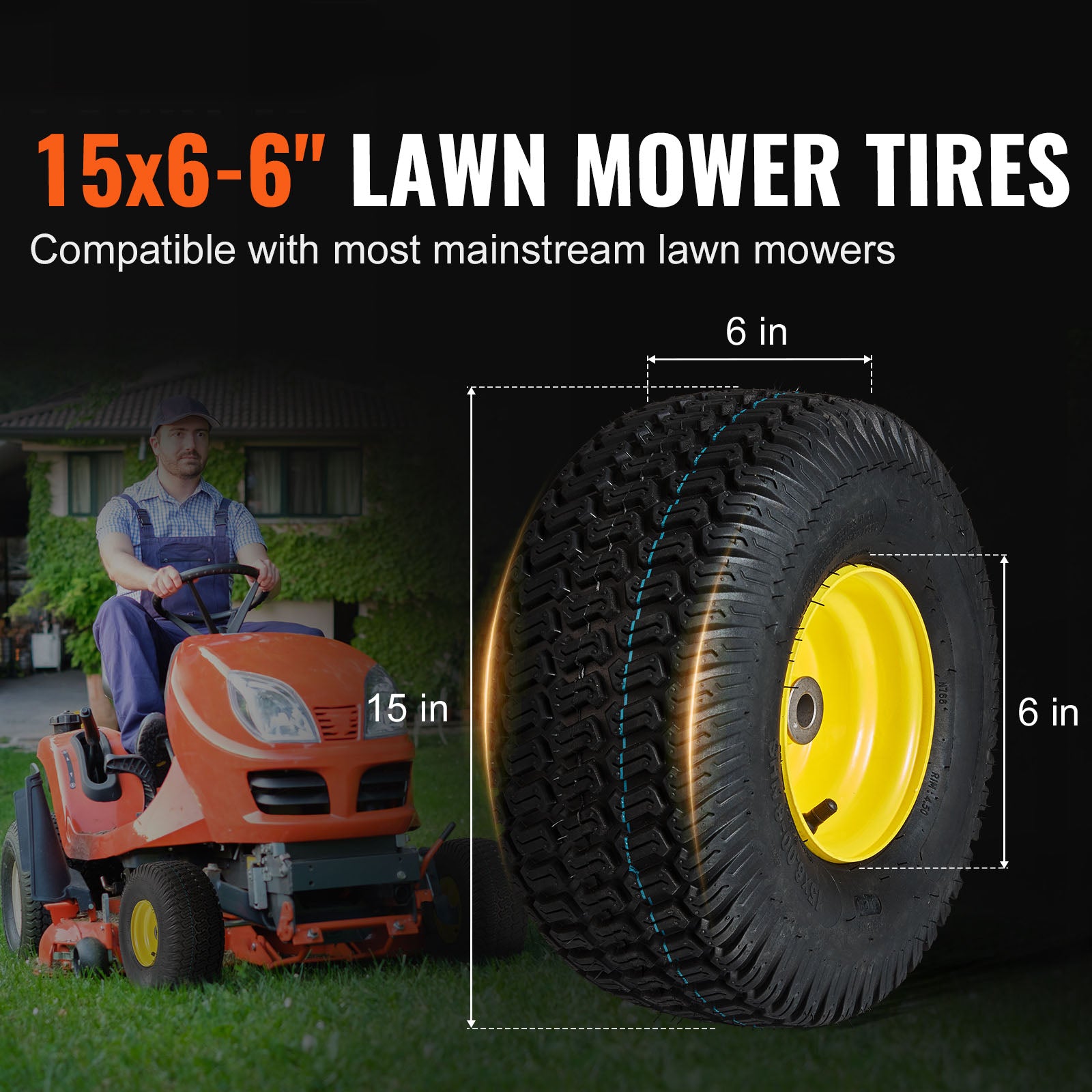 2-Pack 15x6-6" Tubeless Tractor Tires – S-Turf Pneumatic, 3" Offset Hub, 595 LB Capacity, 16 Adapters