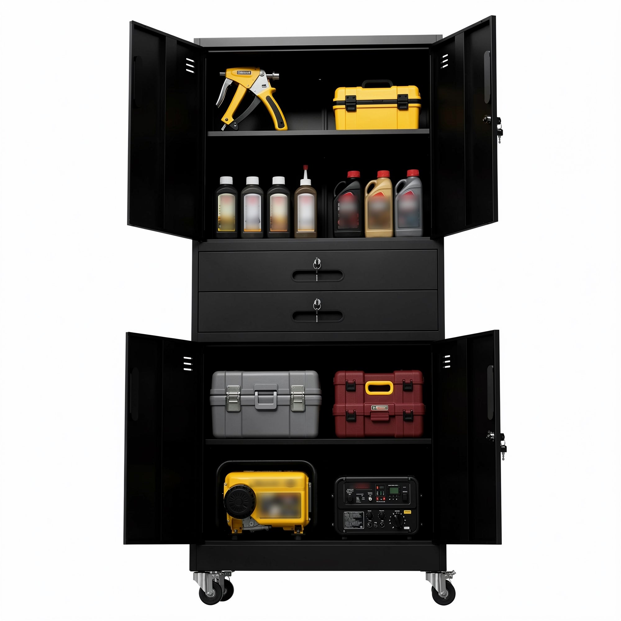 71" Metal Garage Storage Cabinet with Two Drawers, Pegboard Door, Locking Doors & Rolling Wheels, 720 lb Capacity