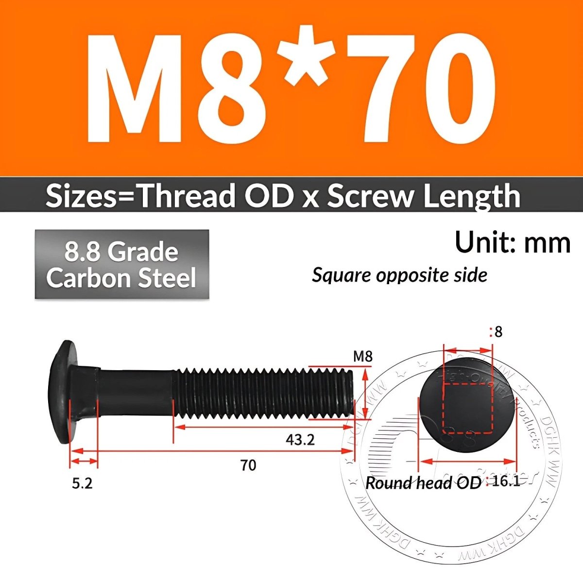 Black 8.8 Grade Steel Carriage Bolts | Cup Square Dome Head | M6–M24 - HomeDIYer