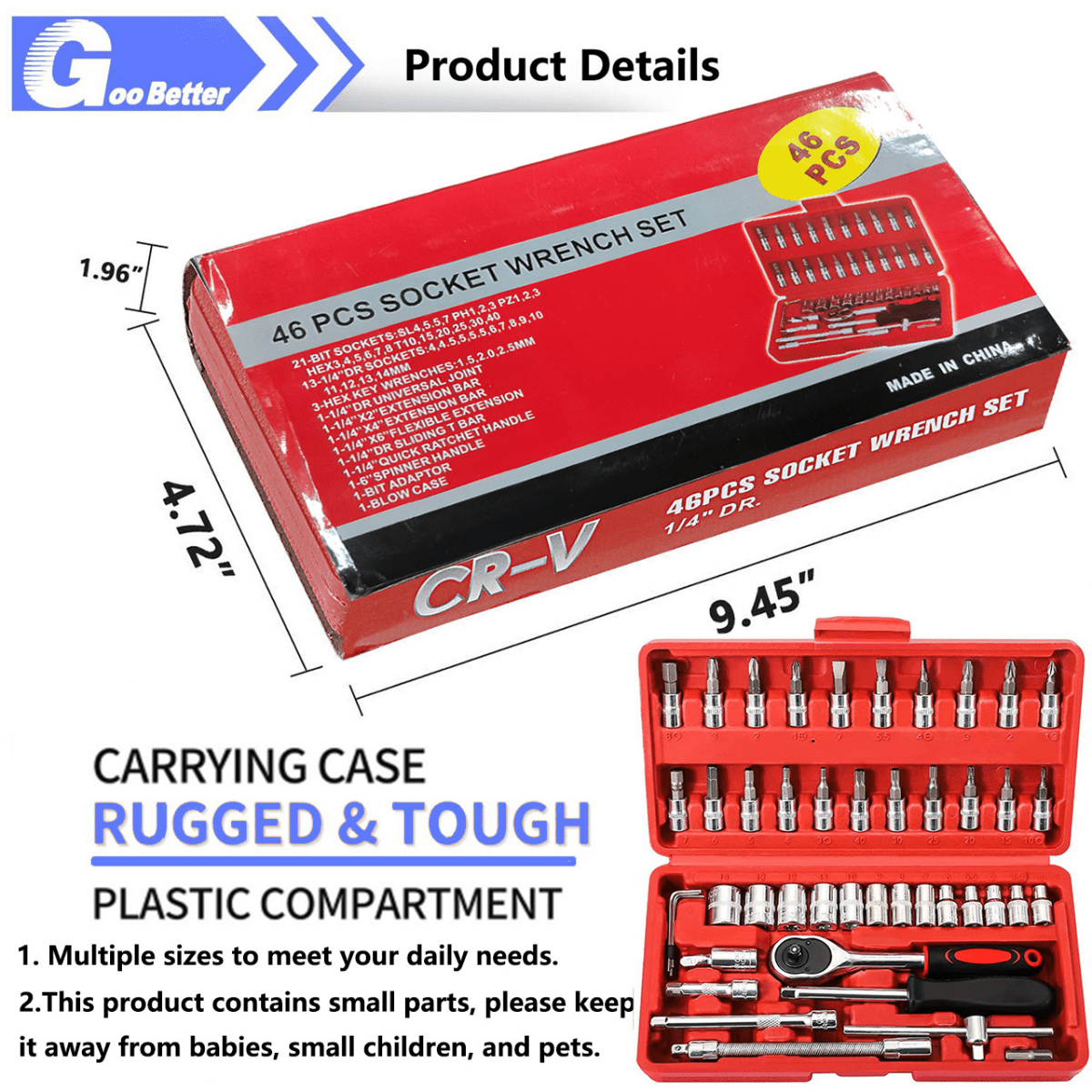 46PCS 1/4 Socket Ratchet Wrench Set Impact Socket Bit Kit Automotive Repair Tool - HomeDIYer