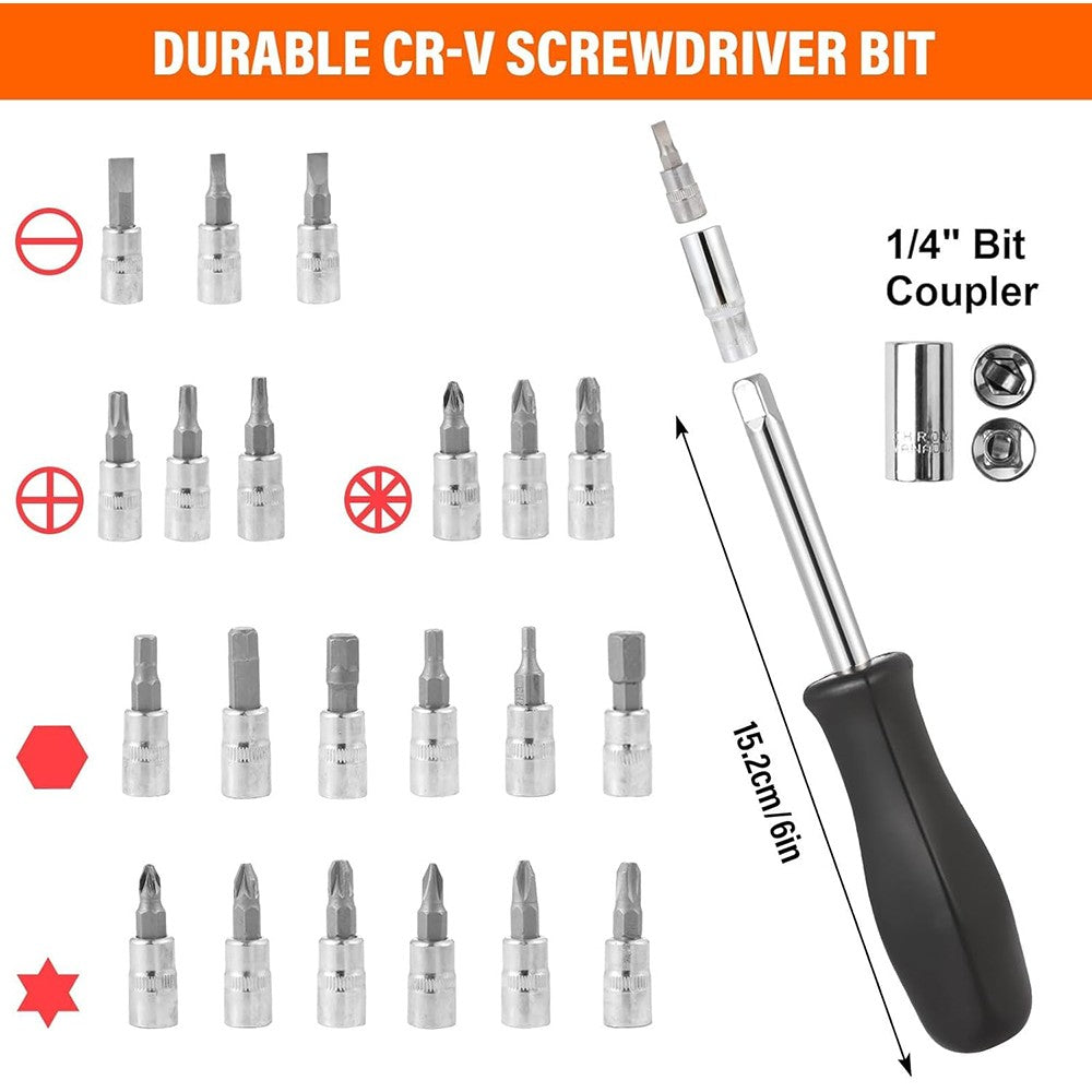 46Pcs 1/4" Drive Socket Set & Screwdriver Bits Ratchet Wrench Drill Bits Set