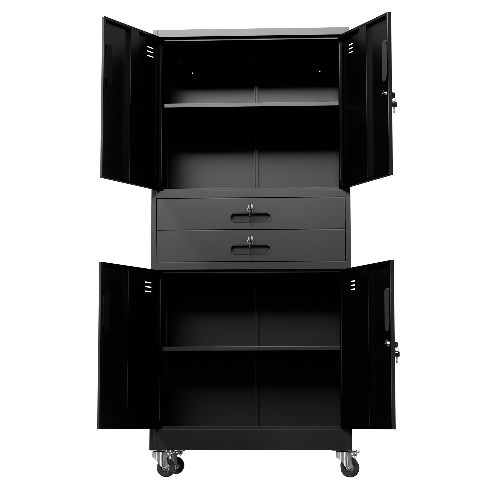 71" Metal Garage Storage Cabinet with Two Drawers, Pegboard Door, Locking Doors & Rolling Wheels, 720 lb Capacity