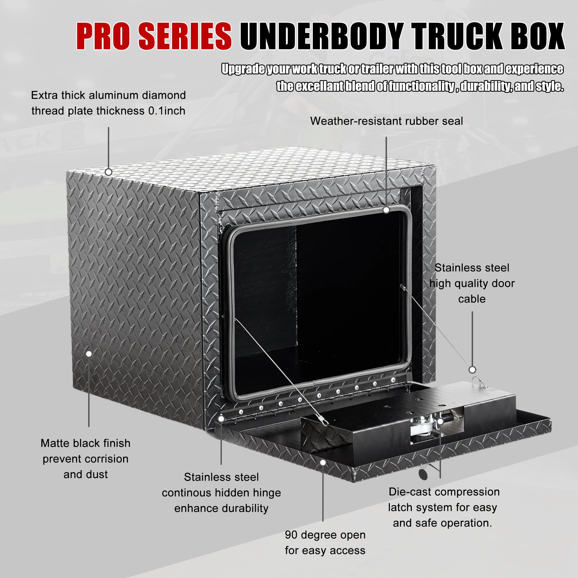 24" Aluminum Underbody Truck Tool Box — Matte Black Diamond Plate, Waterproof & Lockable, Ideal for Pickup, ATV, RV
