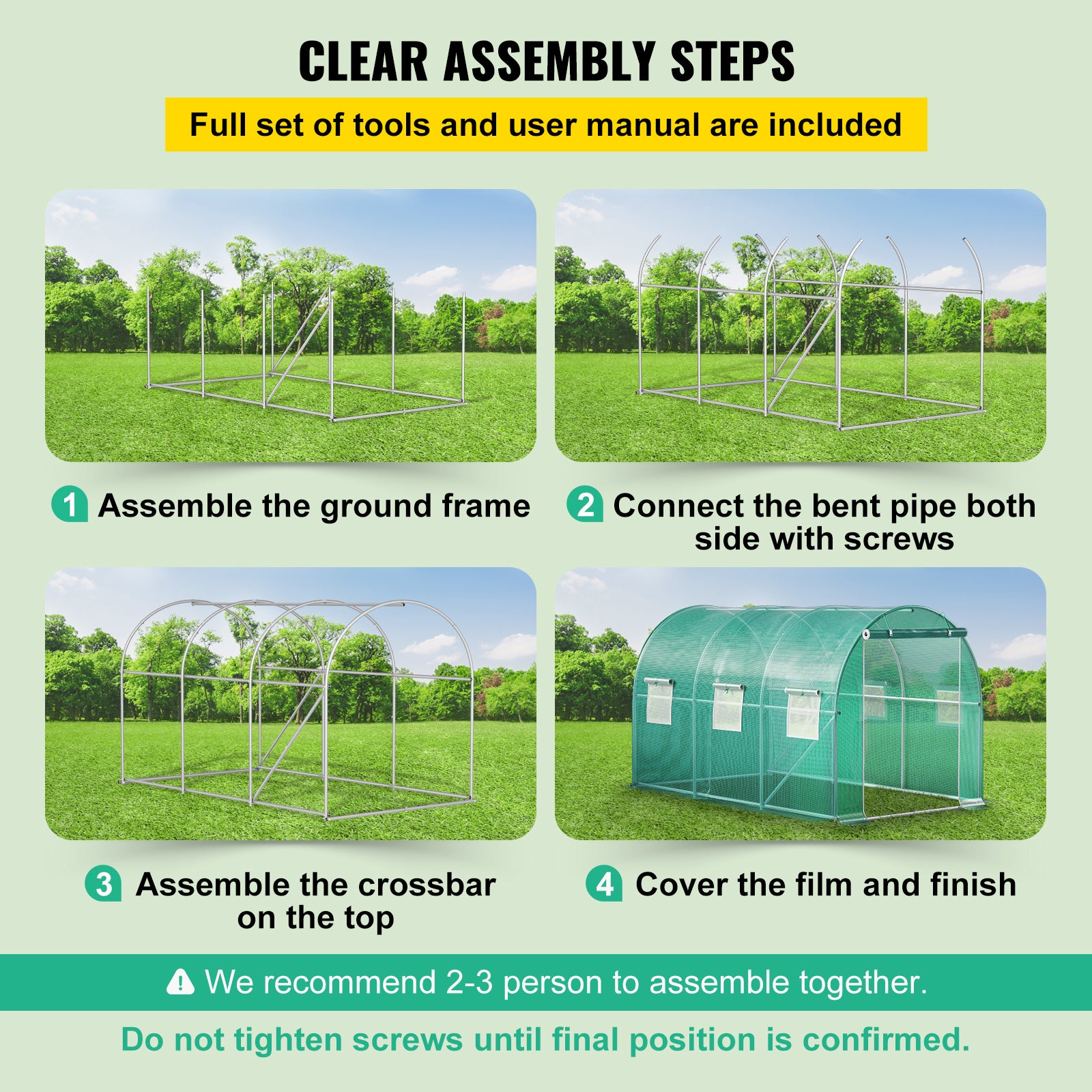 12ft x 7ft x 7ft Walk‑In Tunnel Greenhouse — Galvanized Steel Frame Roll‑Up Windows & Zippered Door Green