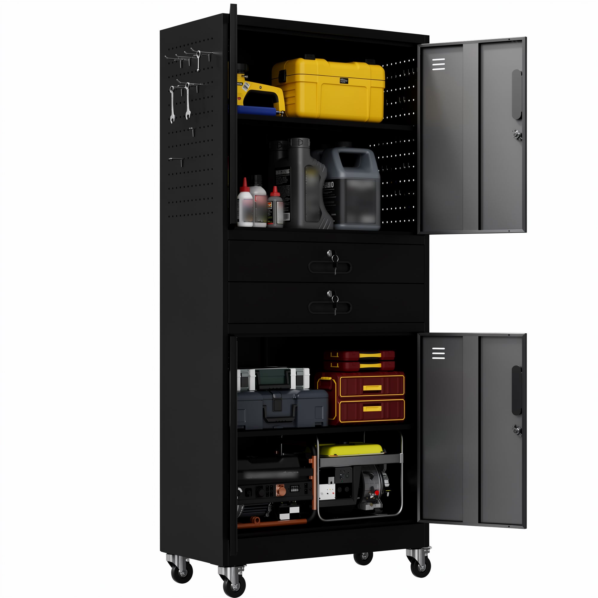 71" Metal Garage Storage Cabinet with Two Drawers, Pegboard Door, Locking Doors & Rolling Wheels, 720 lb Capacity