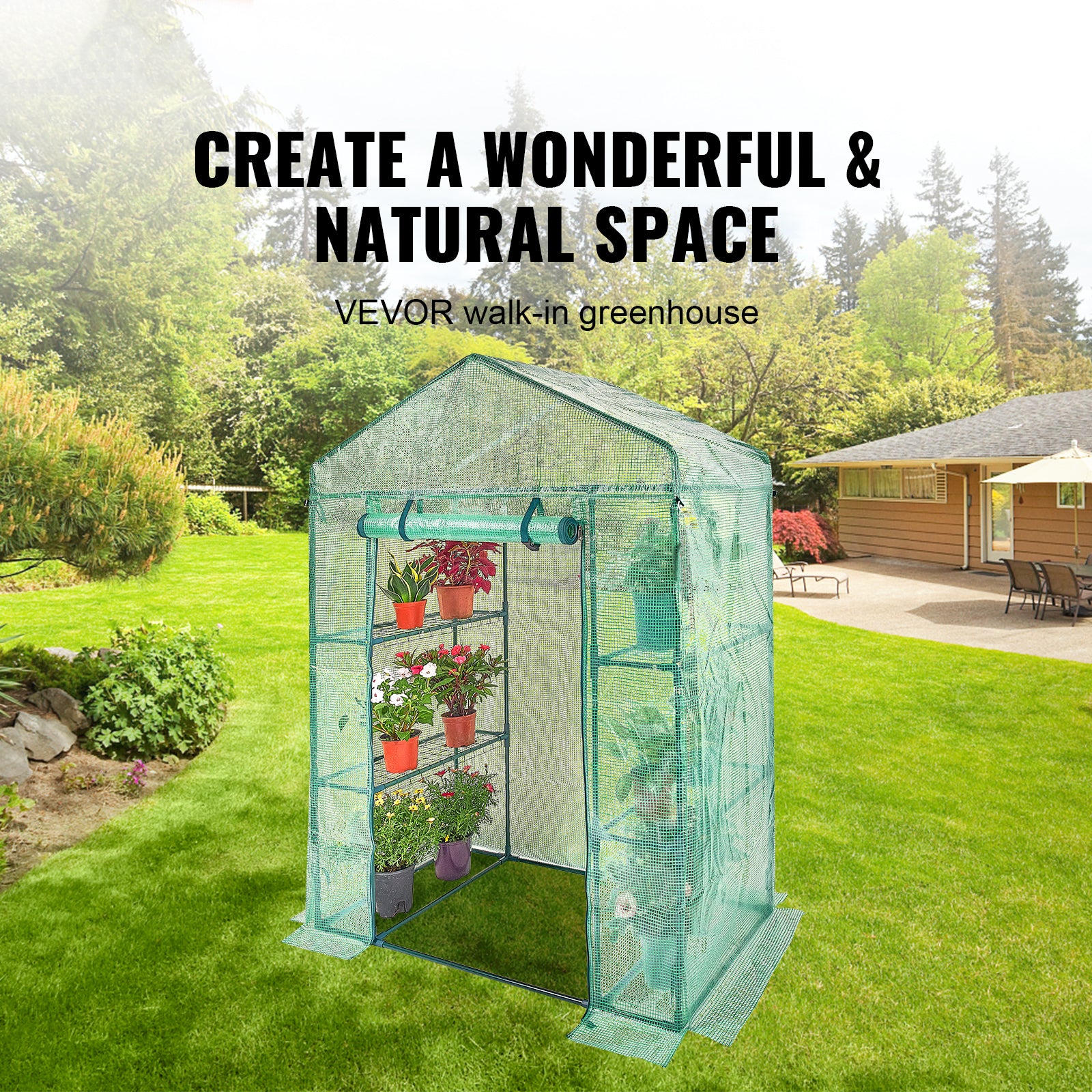 4.6ft x 2.4ft x 6.7ft Walk‑In Greenhouse with 4 Shelves — High‑Strength PE Cover Roll‑Up Door & Steel Frame Green