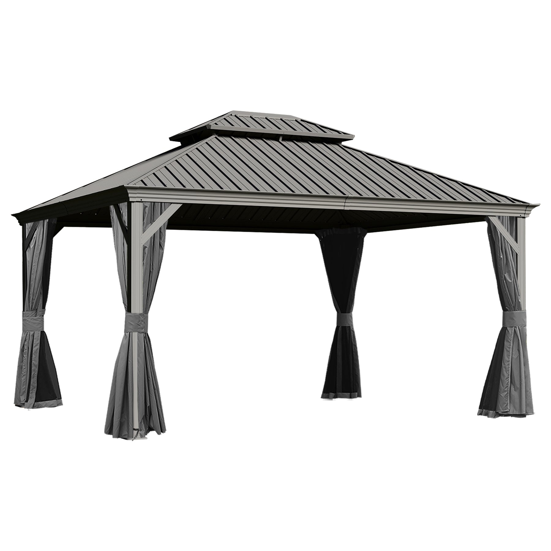 Hardtop Gazebo 13x15 ft with Double Roof, Galvanized Steel Pergola with Drainage, Curtains & Netting, Gray