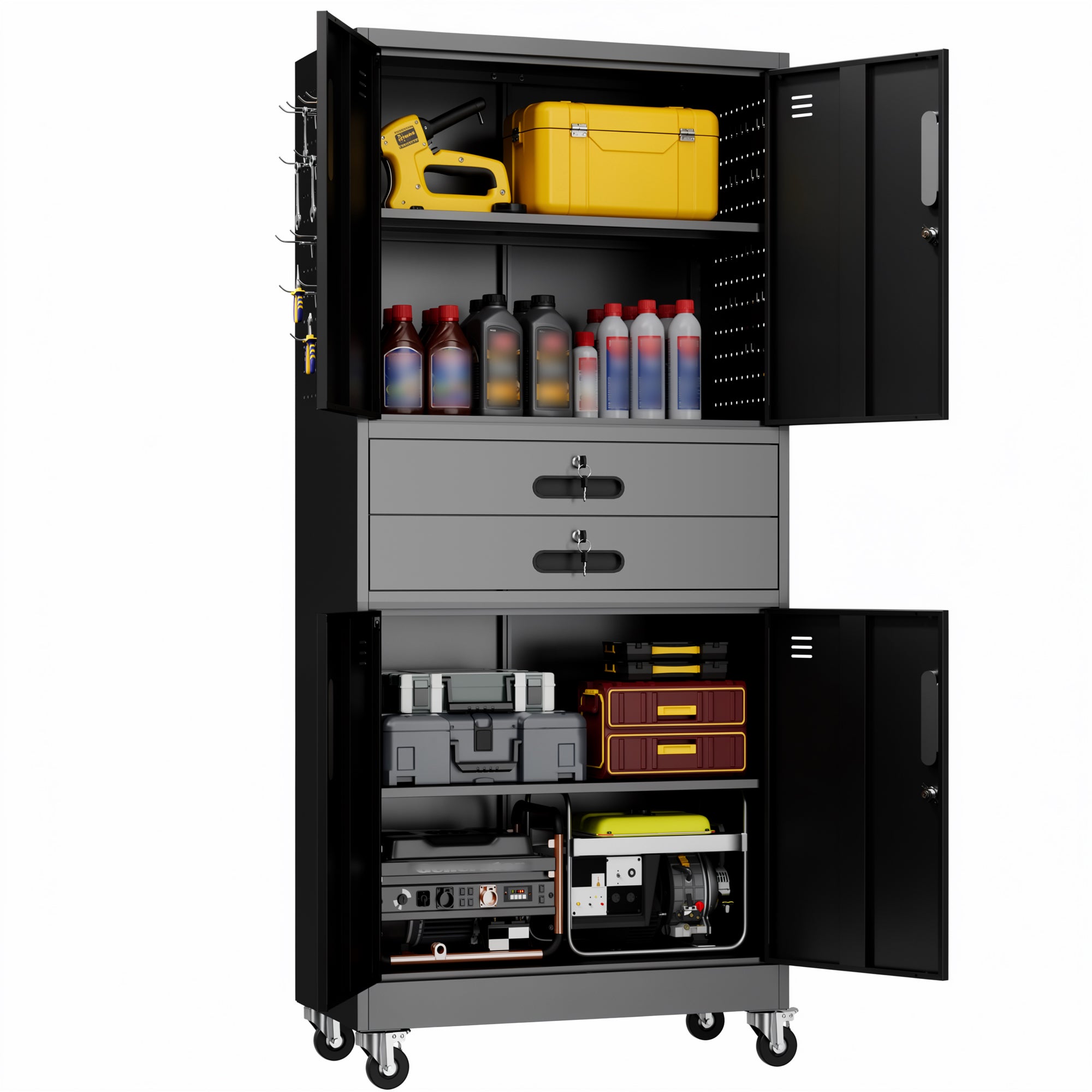 71" Metal Garage Storage Cabinet with Two Drawers, Pegboard Door, Locking Doors & Rolling Wheels, 720 lb Capacity