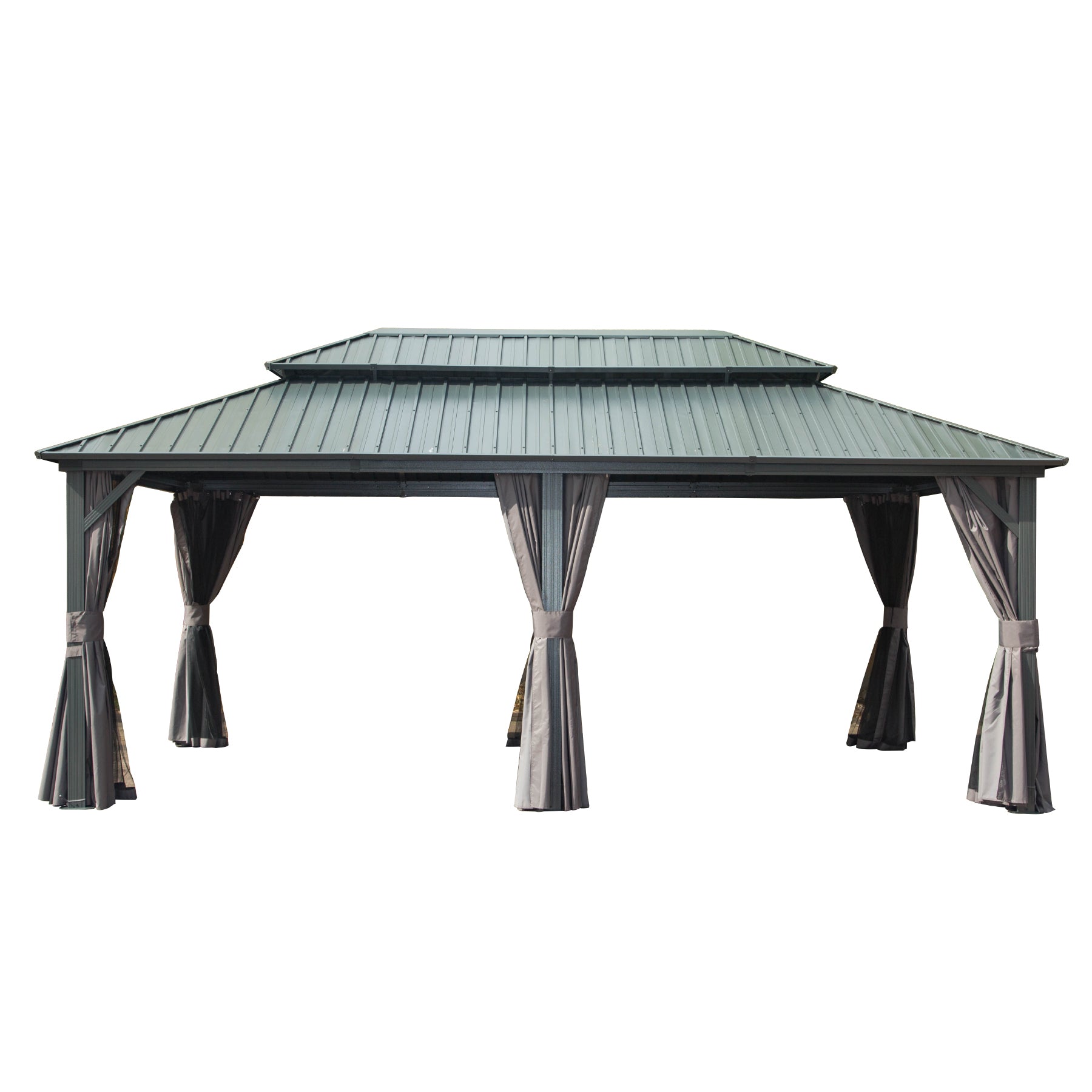 12x20 ft Hardtop Gazebo with Double Roof, Curtains & Netting – Aluminum, Gray