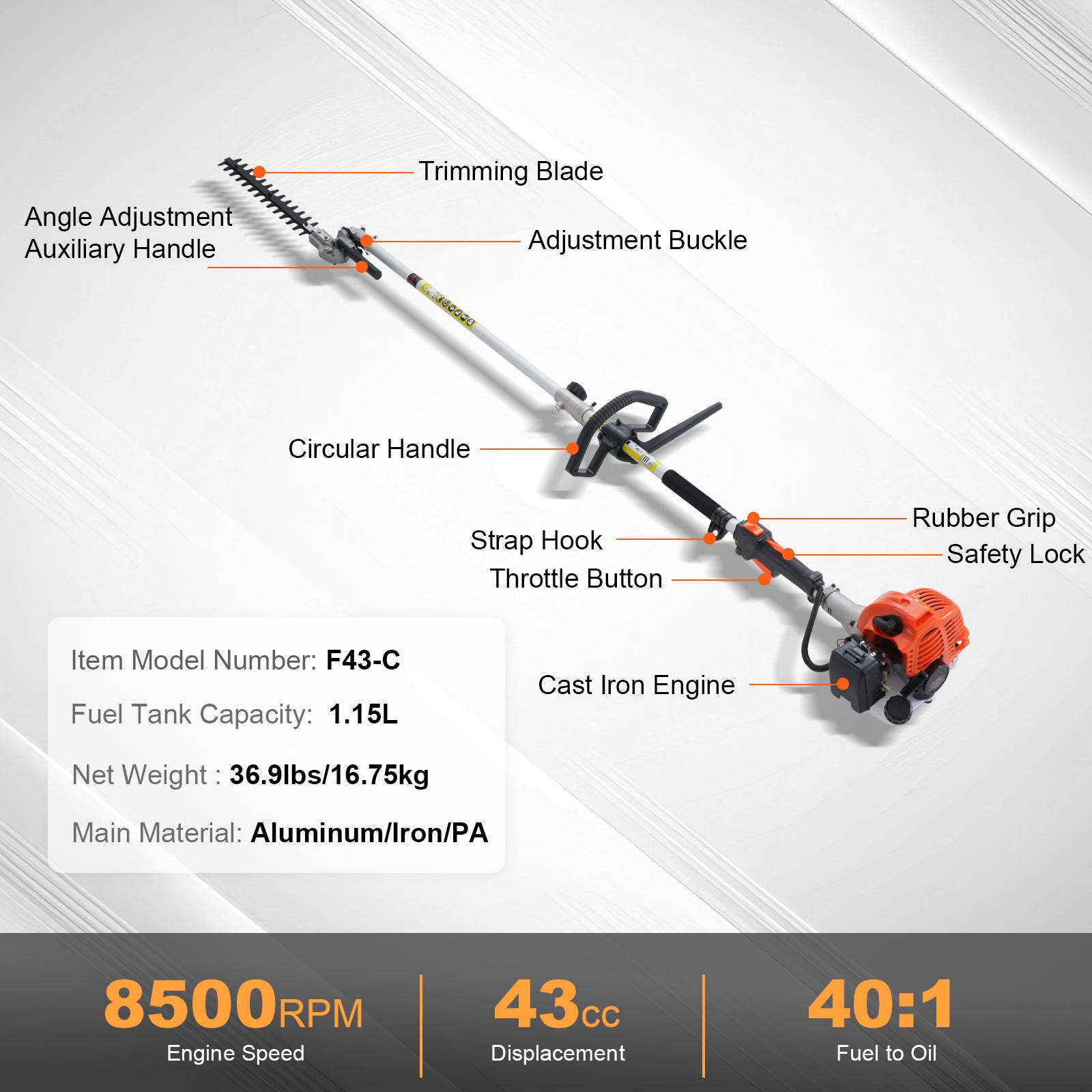 43CC 6-in-1 Gas-Powered Multi-Tool | Hedge Trimmer, Pole Saw, Brush Cutter & String Trimmer – 2-Stroke Engine