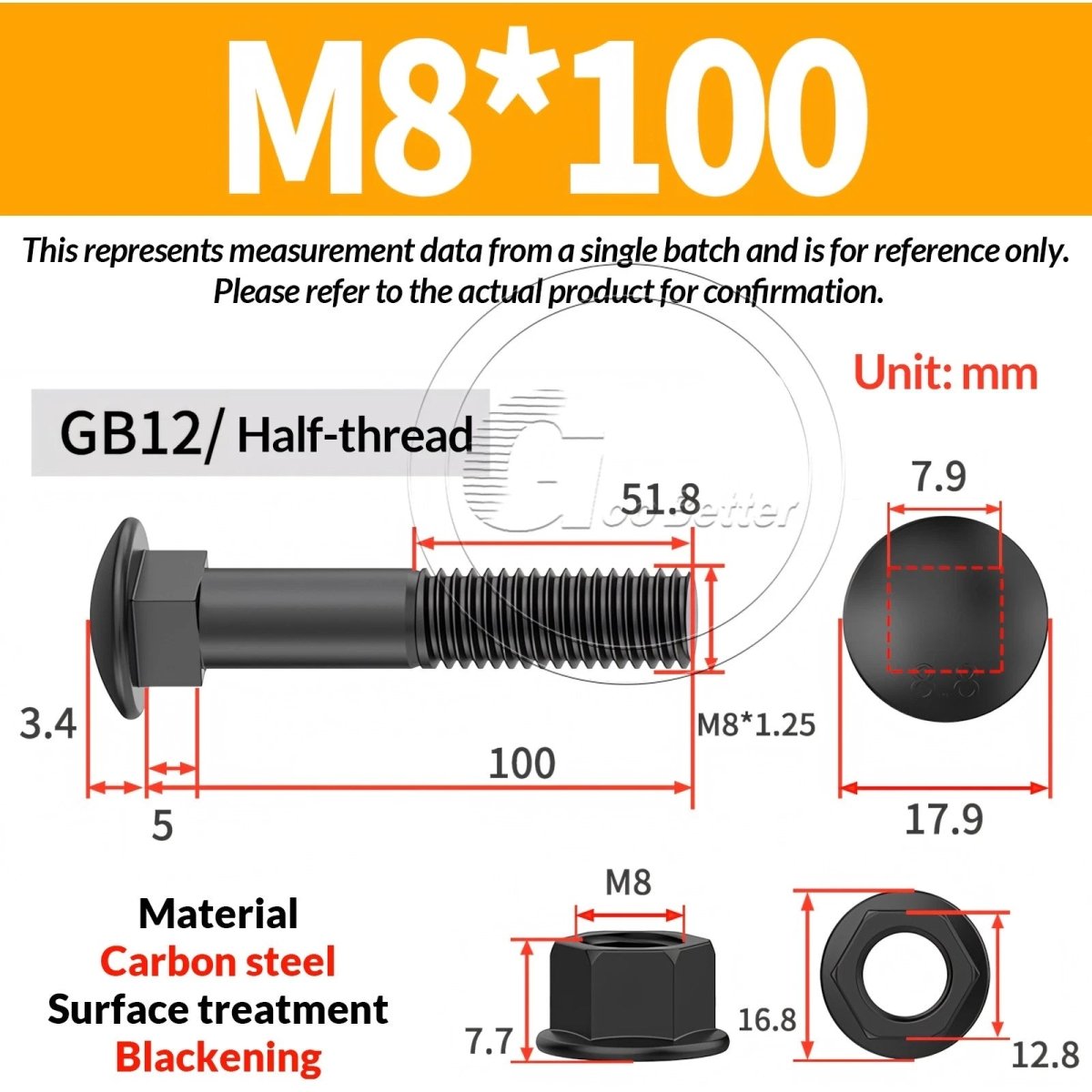 Black Carriage Bolts Grade 8.8 | M6–M24 Cup Square Domed Head Screws - HomeDIYer