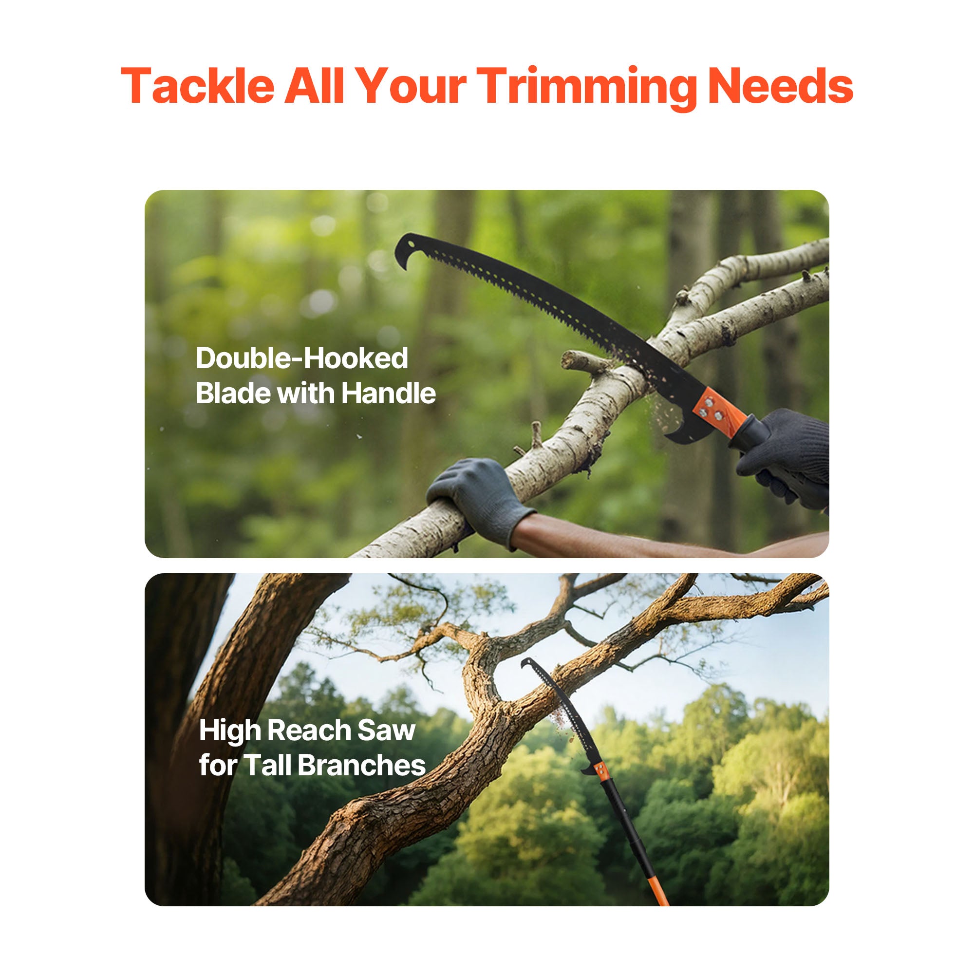 4.46–26.4 ft Manual Pole Saw – 2 Double-Hook 65Mn Blades + Push-Button Fiberglass Poles