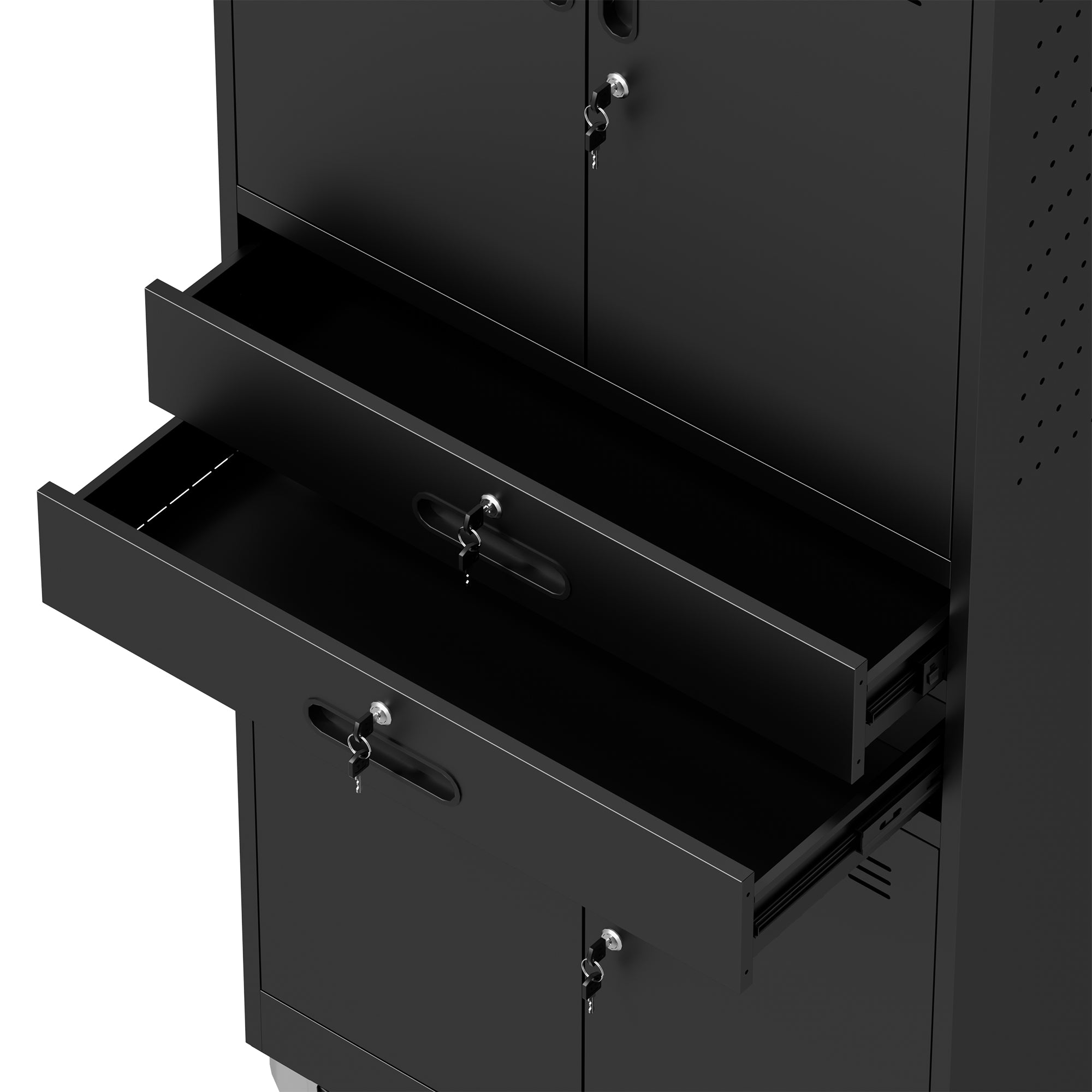 71" Metal Garage Storage Cabinet with Two Drawers, Pegboard Door, Locking Doors & Rolling Wheels, 720 lb Capacity