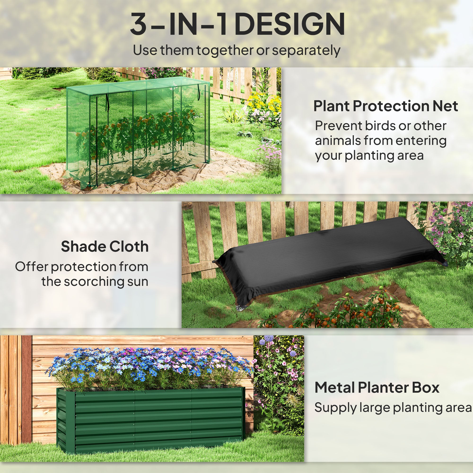 Galvanized Raised Garden Bed, Planter Box with Crop Cage and Shade Cloth, Green