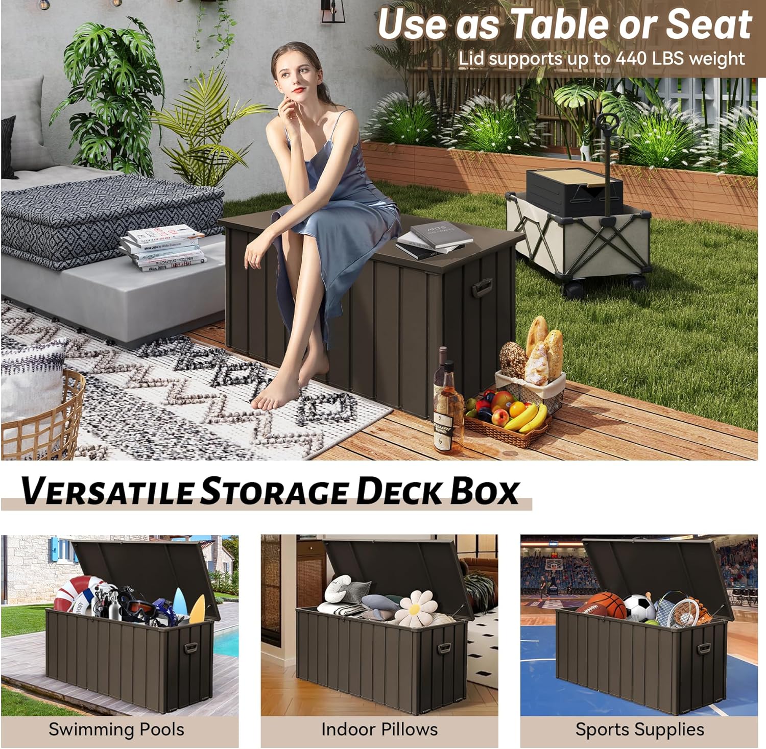 190 Gallon Metal Outdoor Deck Box – Waterproof Steel Storage Bench, Lockable Package Delivery, Dark Brown