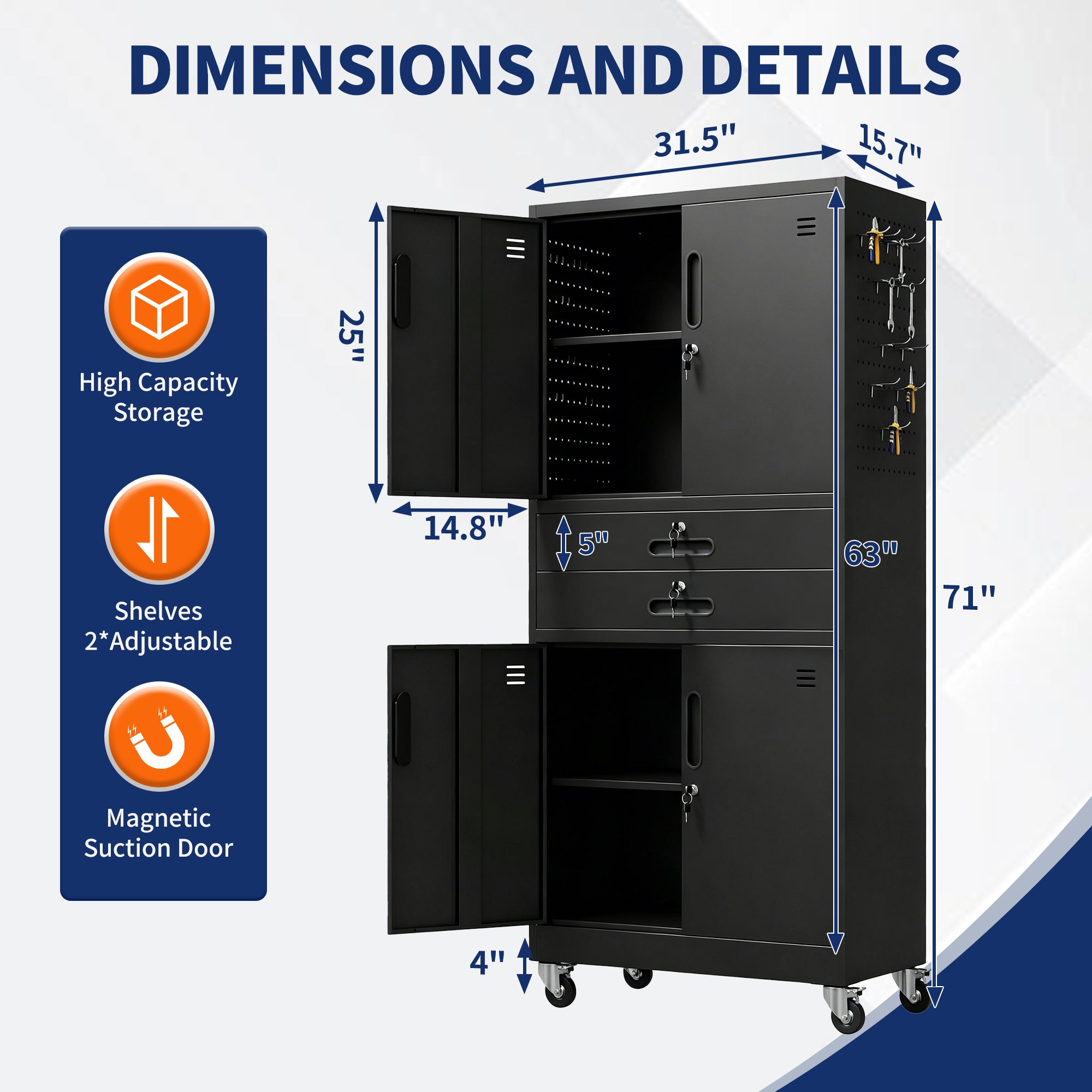 71" Metal Garage Storage Cabinet with Two Drawers, Pegboard Door, Locking Doors & Rolling Wheels, 720 lb Capacity