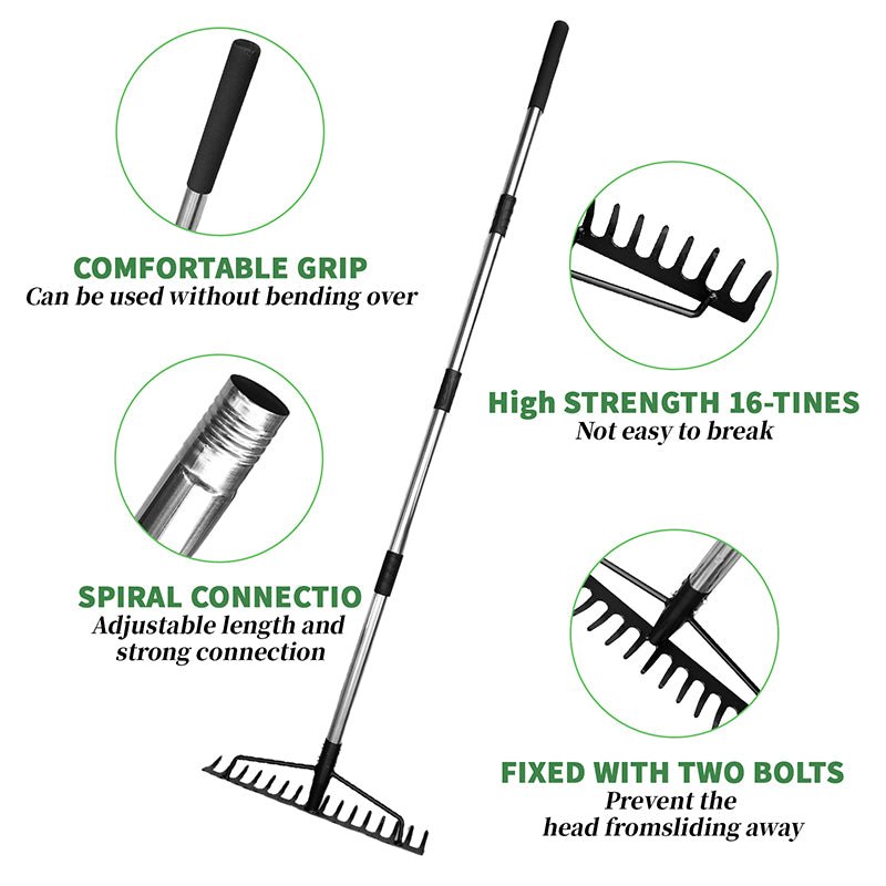 Garden Rake for Leaves 62in, Leaf Rake 16 Steel Tines,rakes for gardening,3.1lb - HomeDIYer