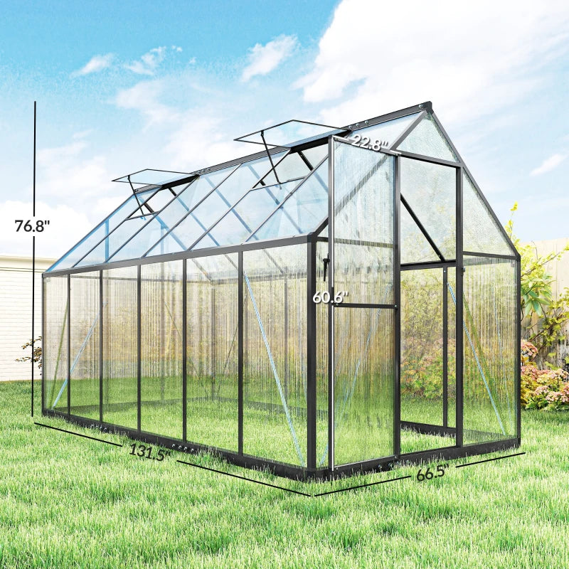 Modern Walk‑In Greenhouse — UPF 50+ Polycarbonate Panels Swing Door Adjustable Roof Vents Black Clear