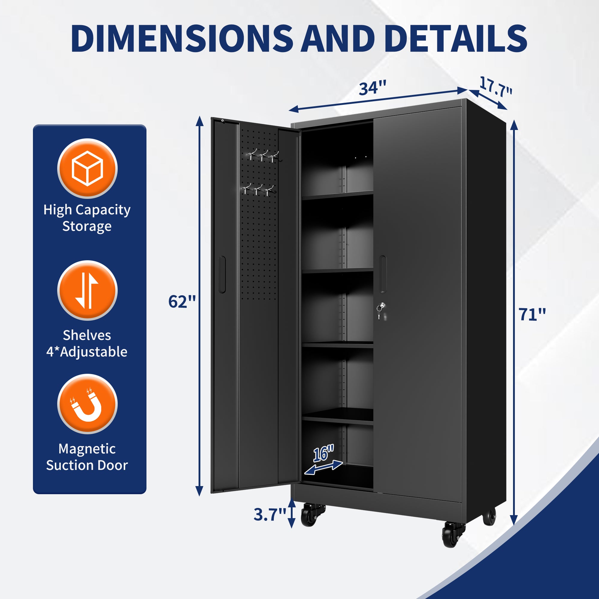 71" Lockable Metal Garage Storage Cabinet with Pegboard Doors & Wheels, 4 Adjustable Shelves, 900 lb Capacity