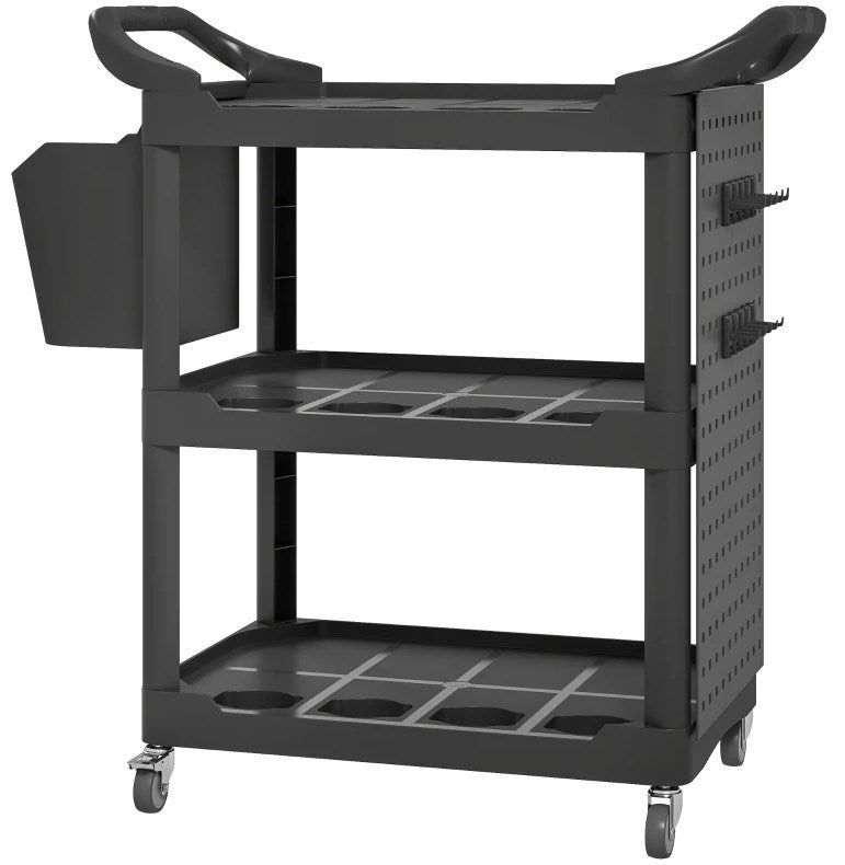 Capacity Plastic Utility Cart with Side Shelf and Storage Bucket,3-Tier Rolling Tool Cart
