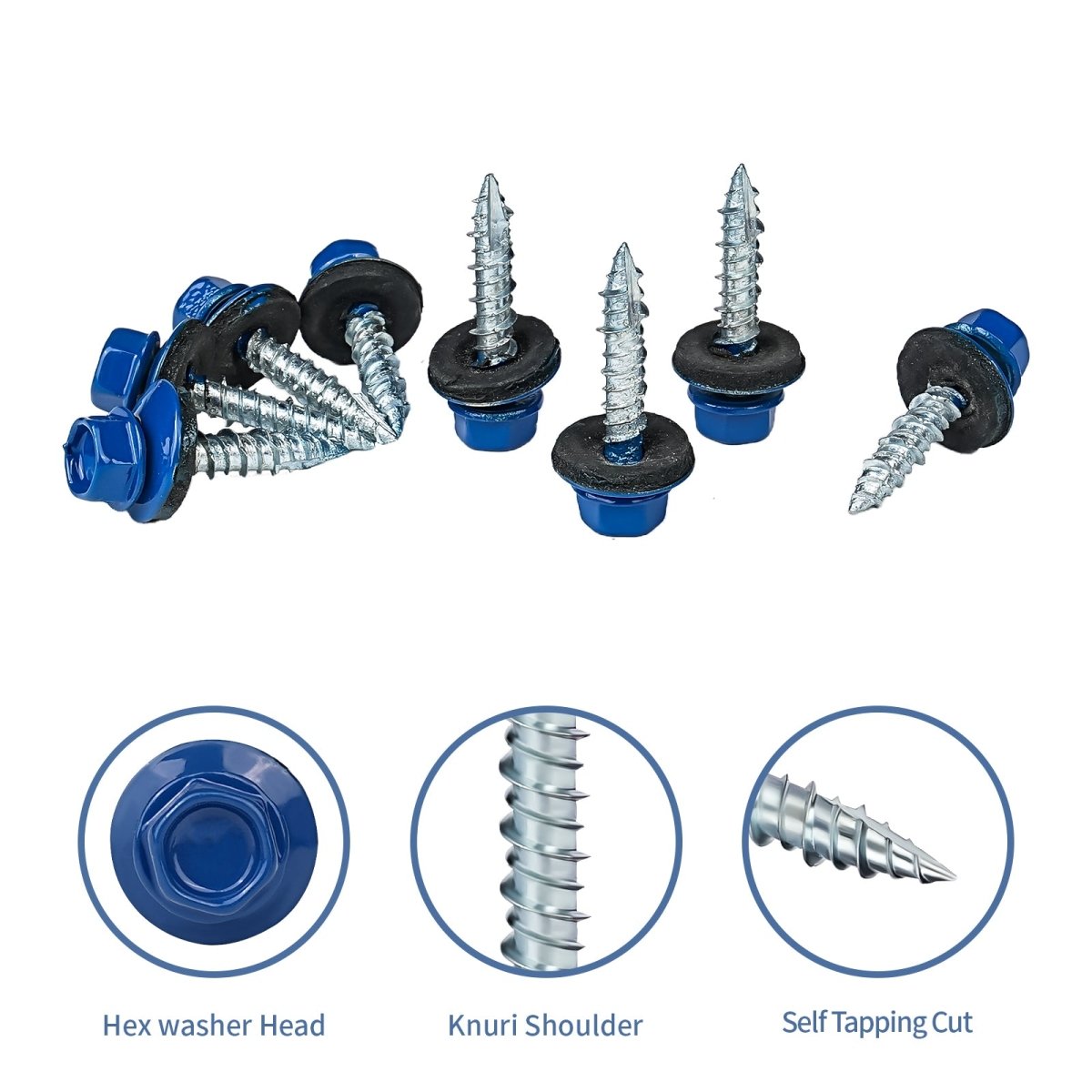Metal Roofing Screws 10 × 1", 300 - PCS, Blue Painted Hex Head Sheet Metal Roof Screws, Rubber Washer, Sharp Point, Metal to Wood Siding Screws, Hex Socket Included - HomeDIYer