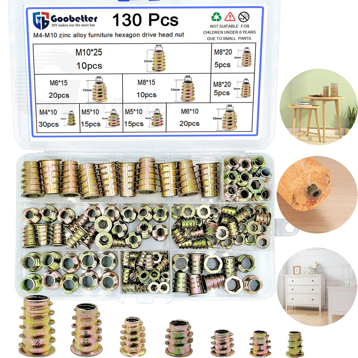 130Pcs Carbon Steel Color Zinc Plated Carbon Furniture Screw in Nut Threaded Wood Inserts Bolt Fastener Connector