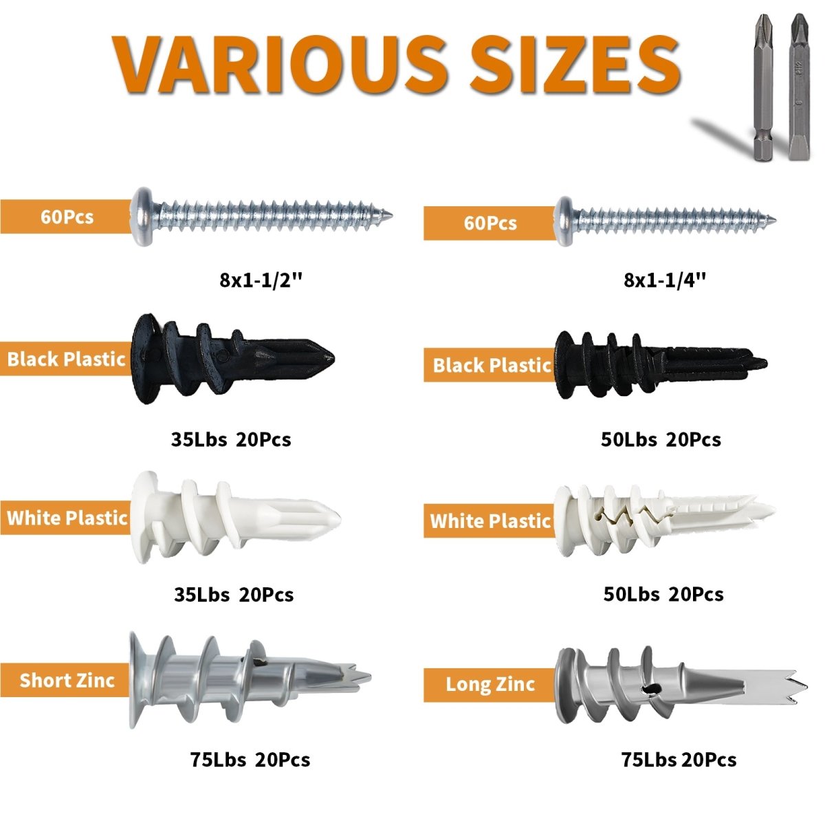 242Pcs DryWall Anchors and Nylon Plastic Assortment Screws Kit - HomeDIYer