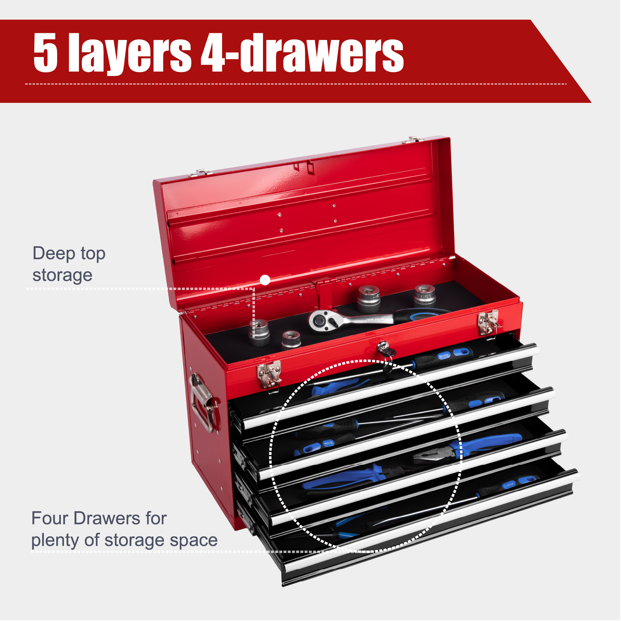 Heavy Duty Metal Tool Box – 21" Portable 4-Drawer Tool Chest with EVA Liners, Ball Bearing Slides & Locking System, Red and Black