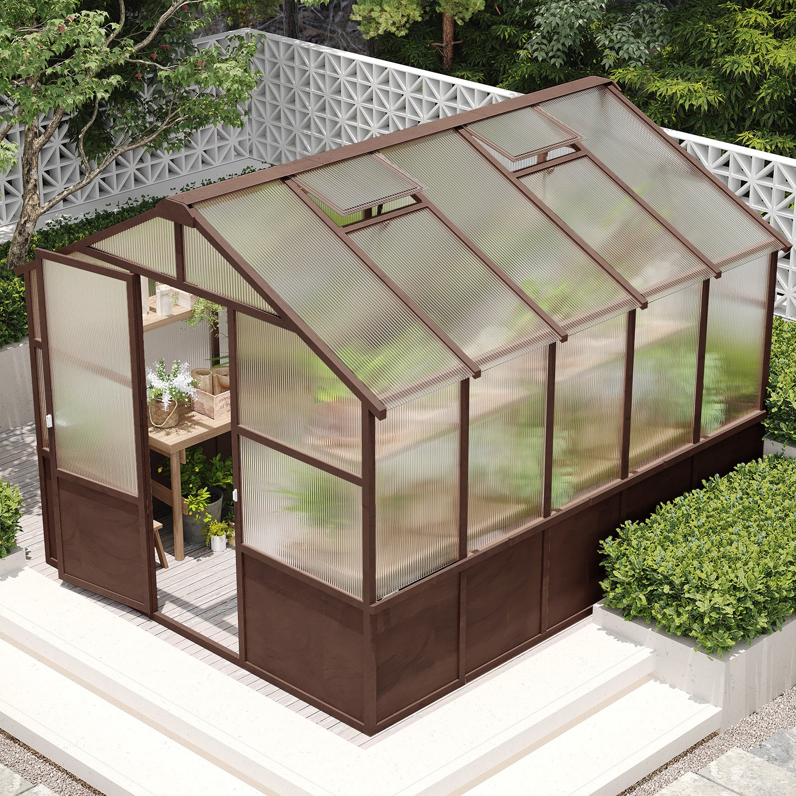 8ft x 10ft Cedar Wood Walk‑In Greenhouse — 6mm Polycarbonate Panels Adjustable Vent & Lockable Door Dark Coffee