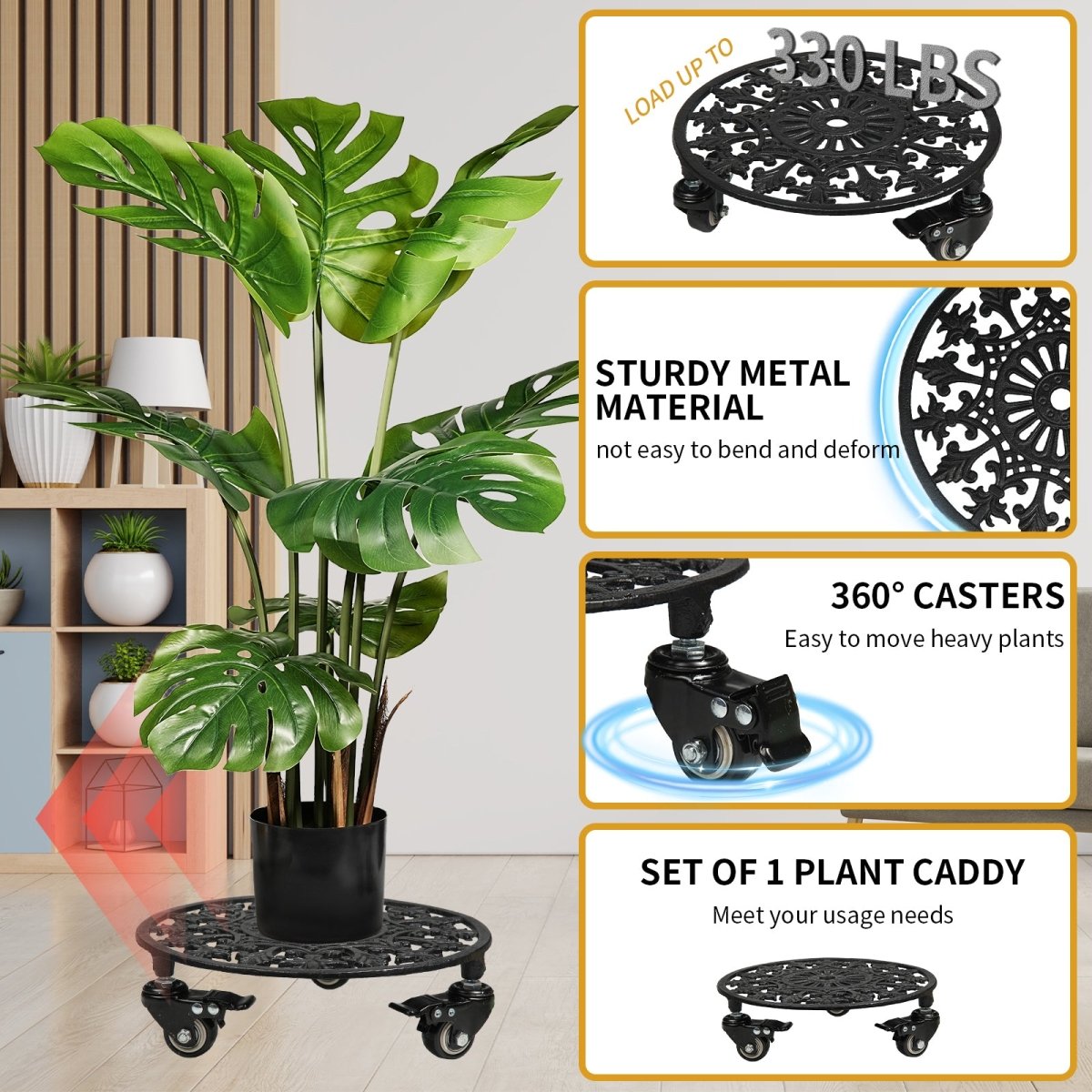 Rolling Plant Stand with Wheels,2pcs 11in Heavy Duty Metal Plant Caddy with Wheels,Load Capacity 330 lbs,Black - HomeDIYer