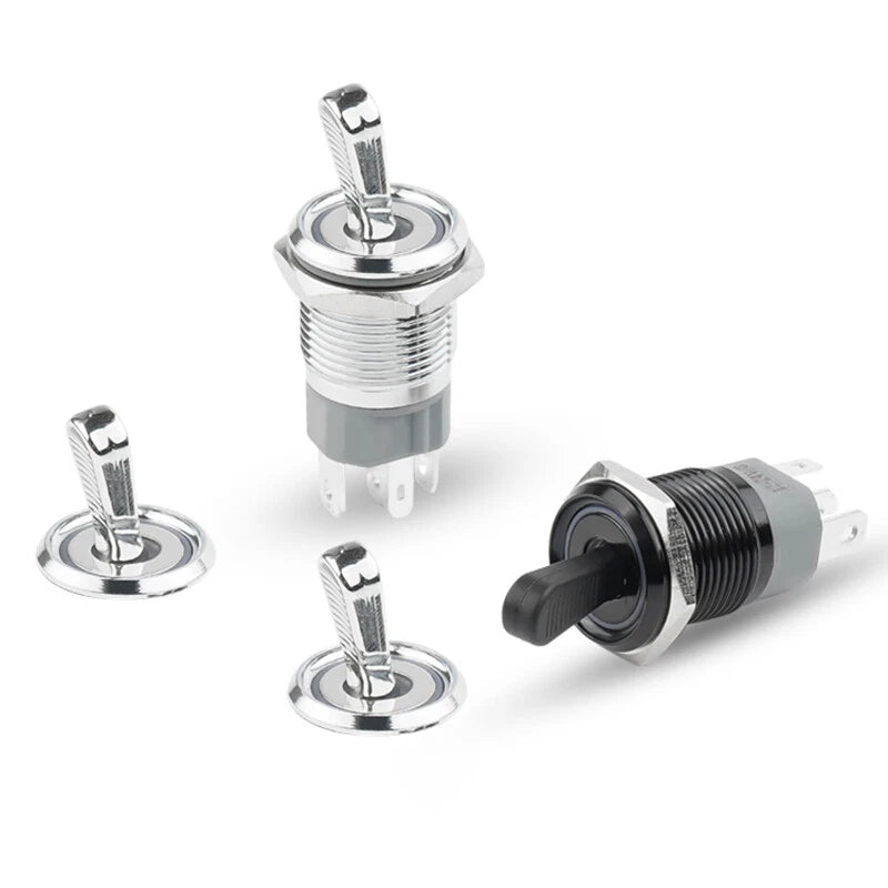 16mm LED Metal Toggle Switch – Latching SPST Waterproof, 3–24V, Nickel/Black/Steel