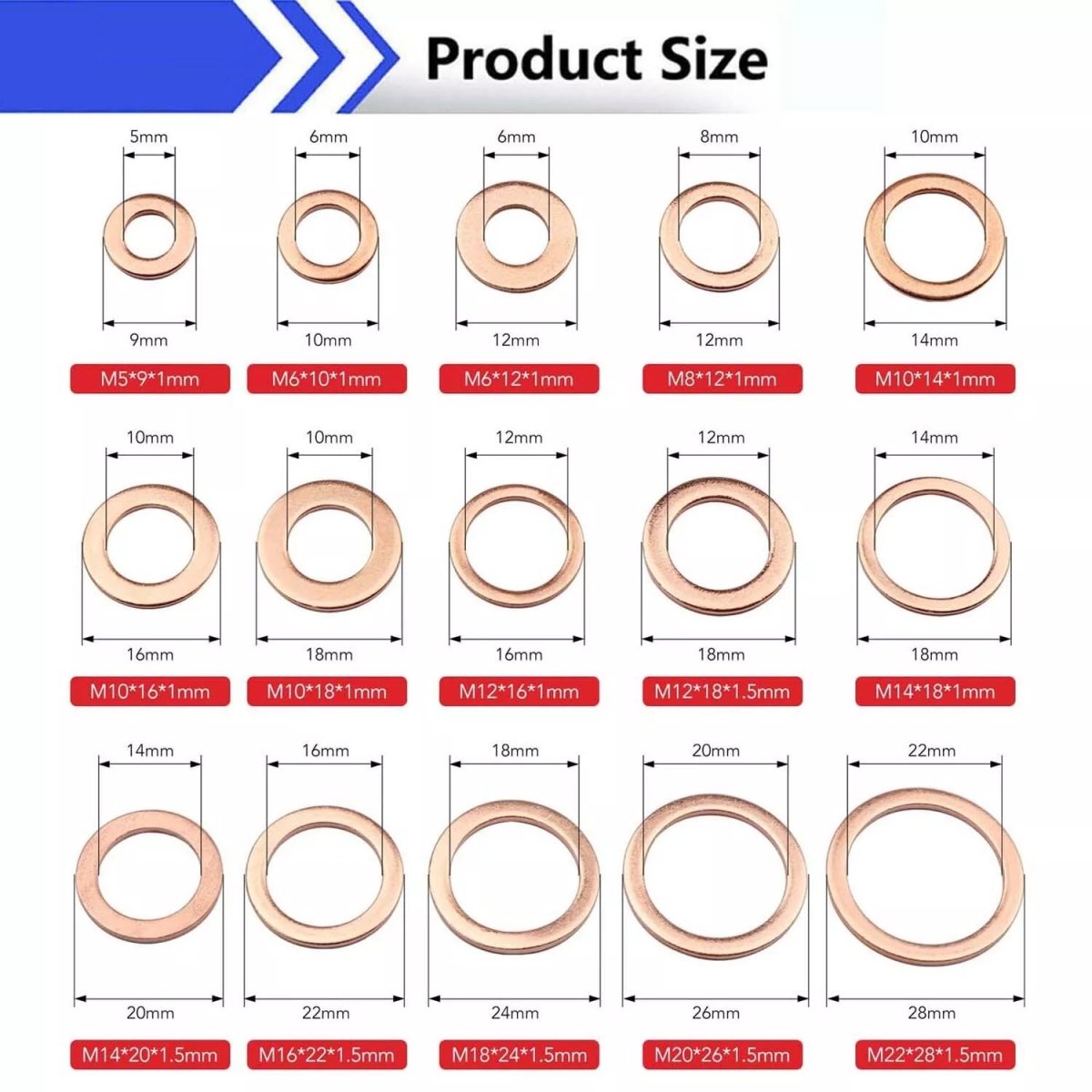 150 PCS Copper Crush Washer Gasket Set Flat O Ring Seal Assortment Kit M5 to M22 - HomeDIYer