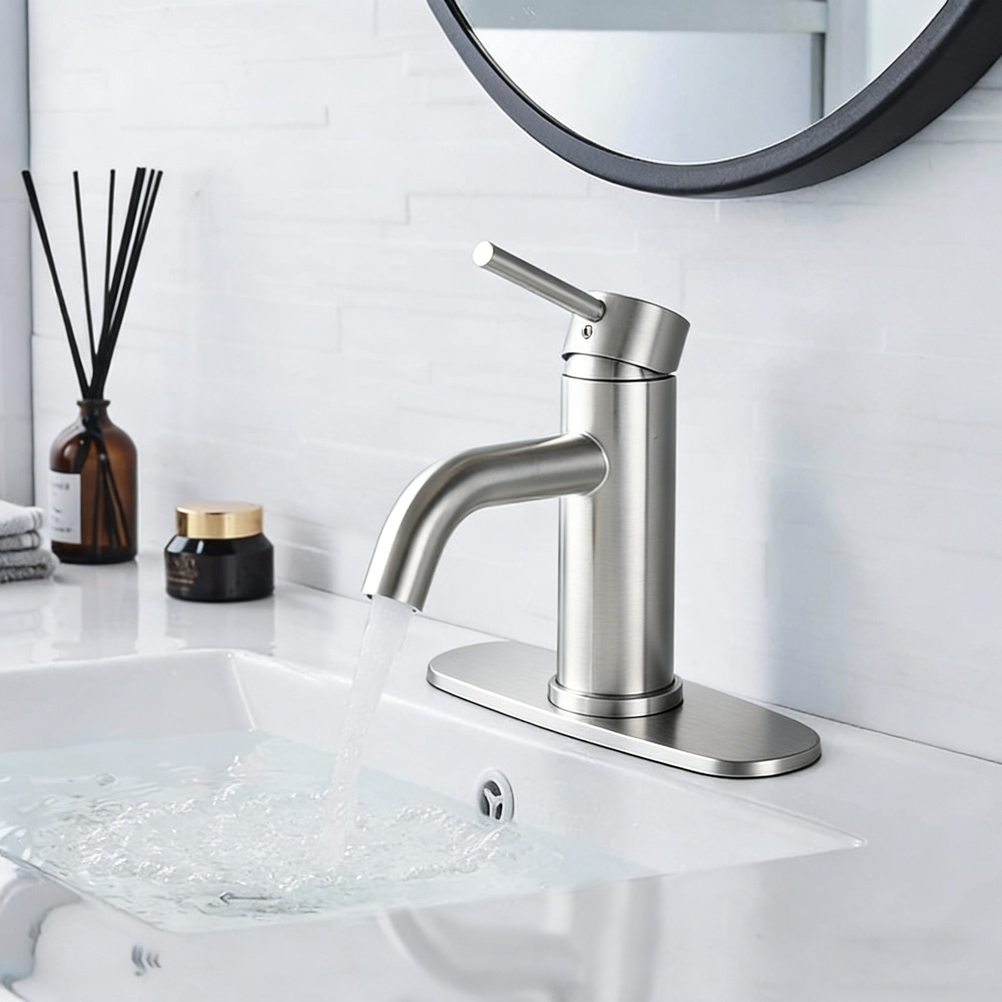 ADA Compliant Single Hole Bathroom Faucet - 6.57" High Stainless Steel Waterfall Faucet Brushed Nickel