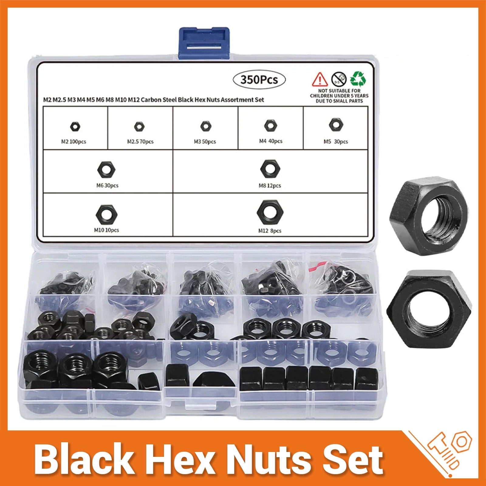 350 Pcs Metric Carbon Steel Black Hex Nuts Assortment Set M2 M2.5 M3 M4 M5 - M12 - HomeDIYer