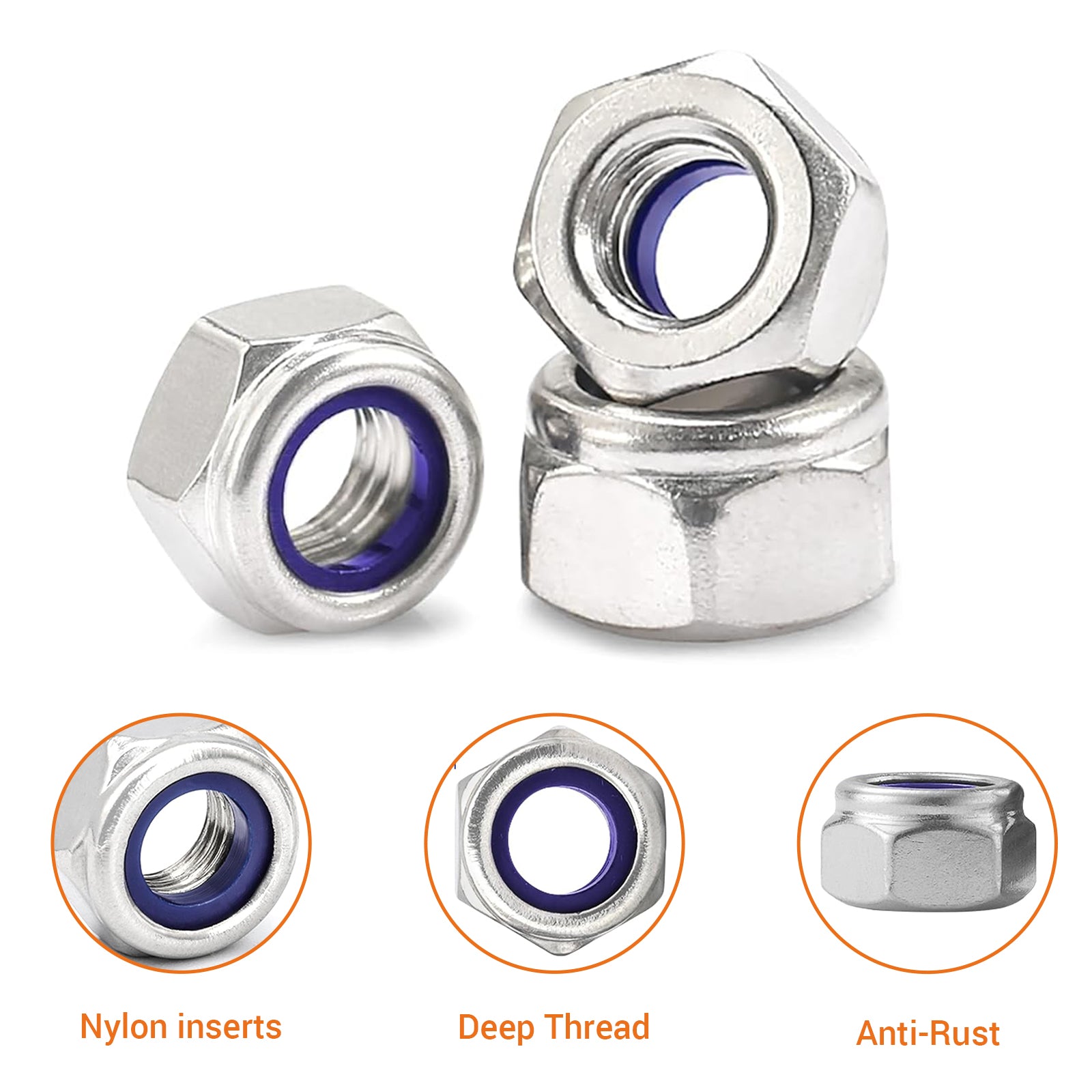 A2 Stainless Steel Nyloc Nuts – Self-Locking Nylon Insert Hex Nuts M2.5 to M16