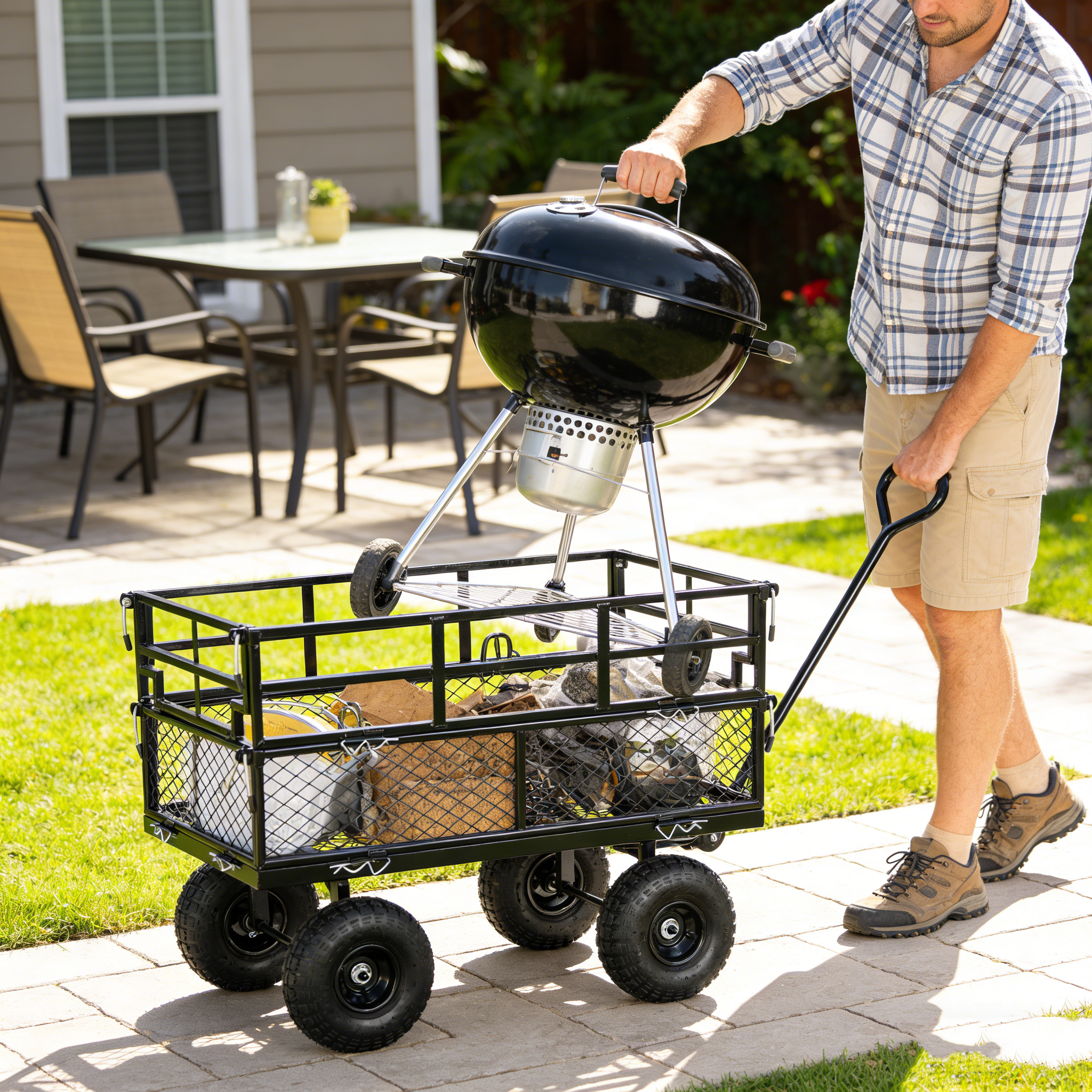 (Black double fence utility cart) Wagon Cart Garden cart trucks make it easier to transport firewood