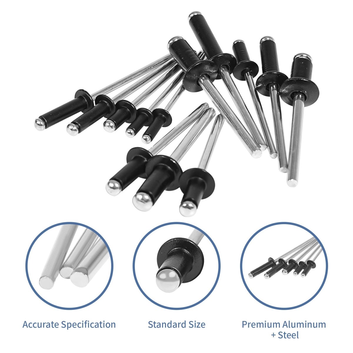 Black Pop Rivets Assortment Set Aluminium Body Steel Mandrel Open End Dome Head - HomeDIYer