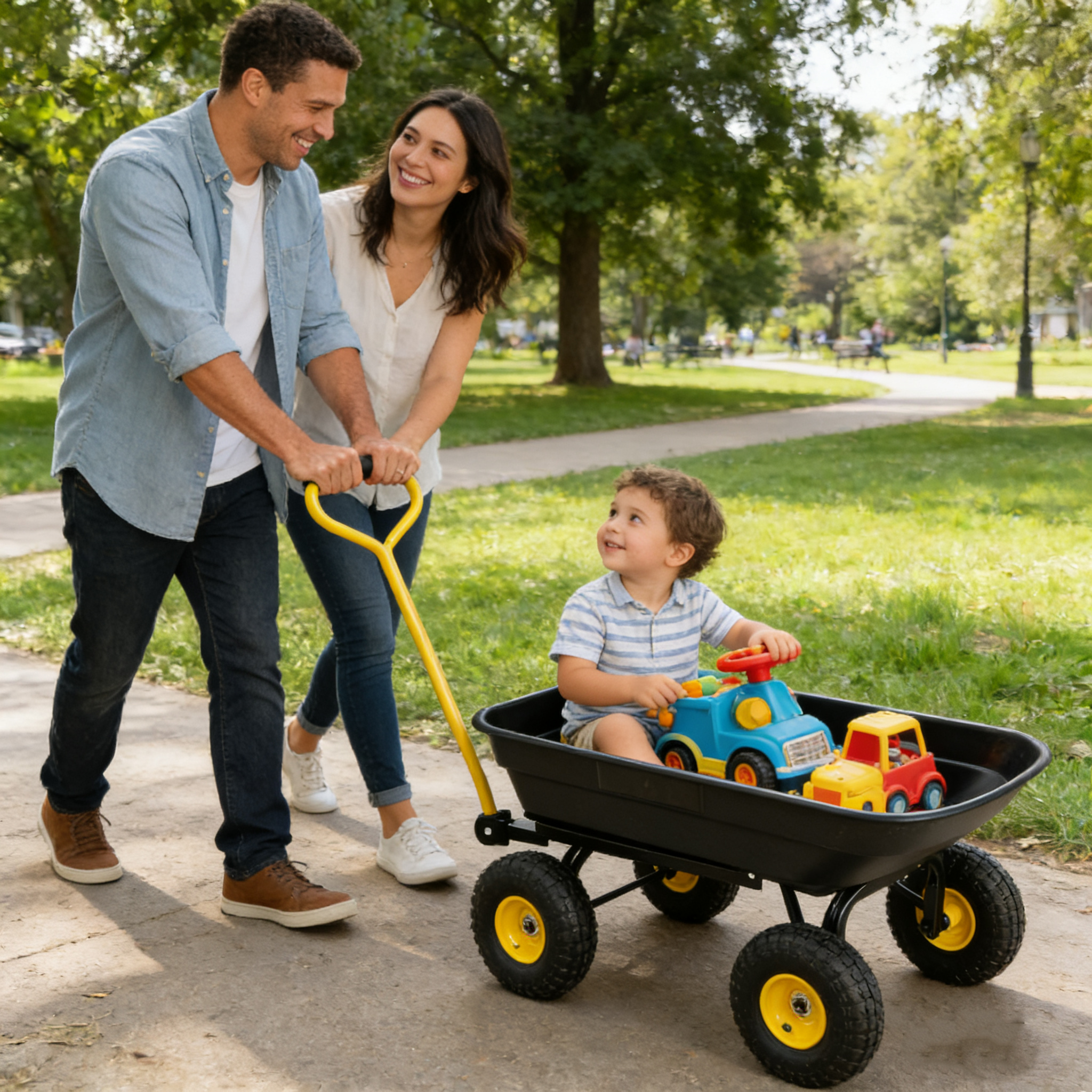 Folding car Poly Garden dump truck with steel frame, 10 inches. Pneumatic tire, 300 lb capacity body 55L black
