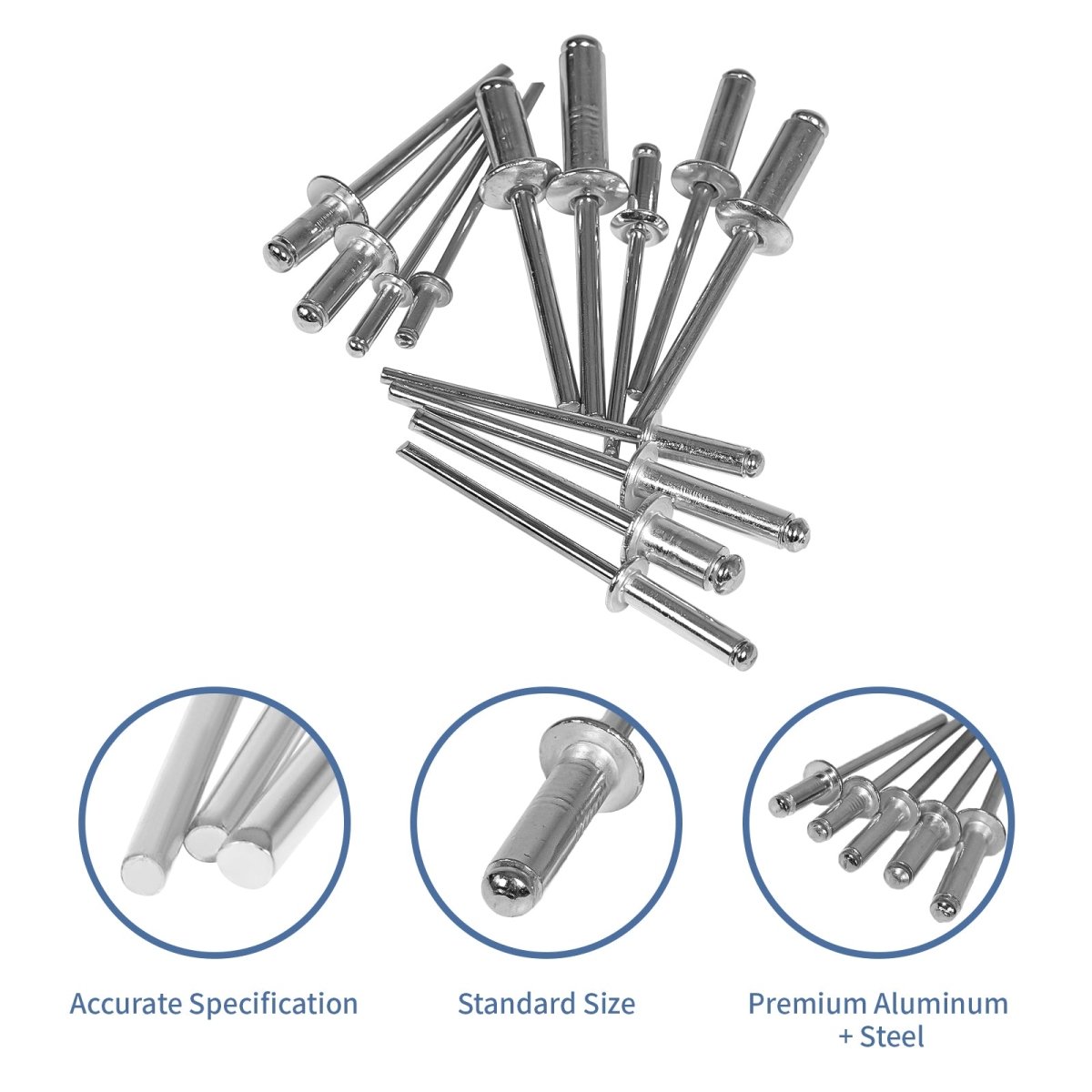 Silver Pop Rivets Assortment Set Aluminium Body Steel Mandrel Open End Dome Head - HomeDIYer