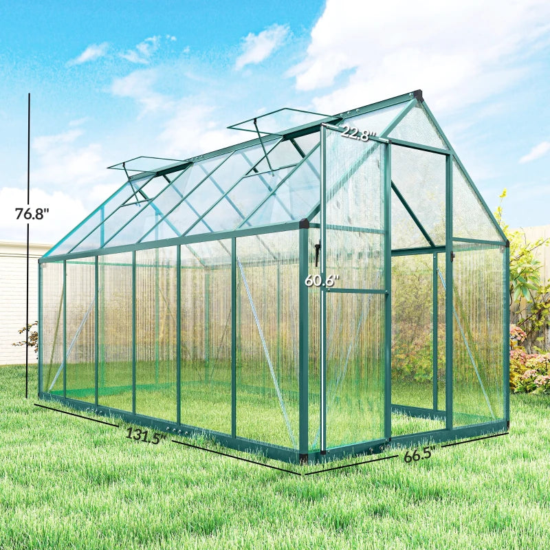 Walk‑In Greenhouse with UPF 50+ Polycarbonate Panels — Adjustable Roof Swing Door Dark Green Clear