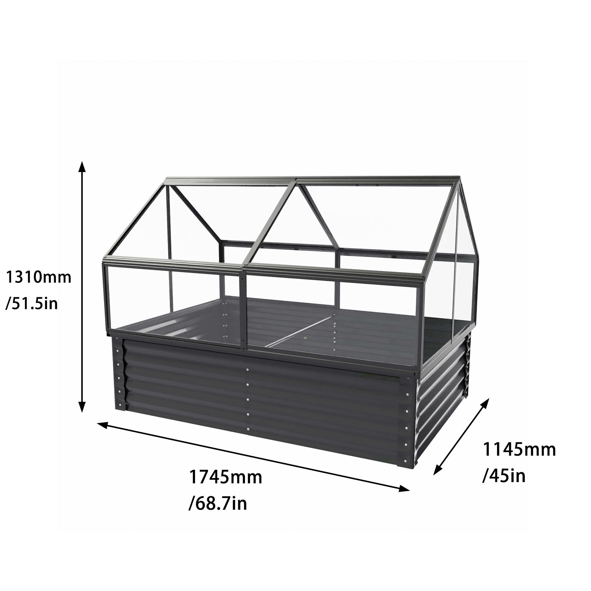 68.7" x 45" x 51.5" Greenhouse with Integrated Raised Flower Bed — 2‑in‑1 Outdoor Planter Box & Cold Frame Black