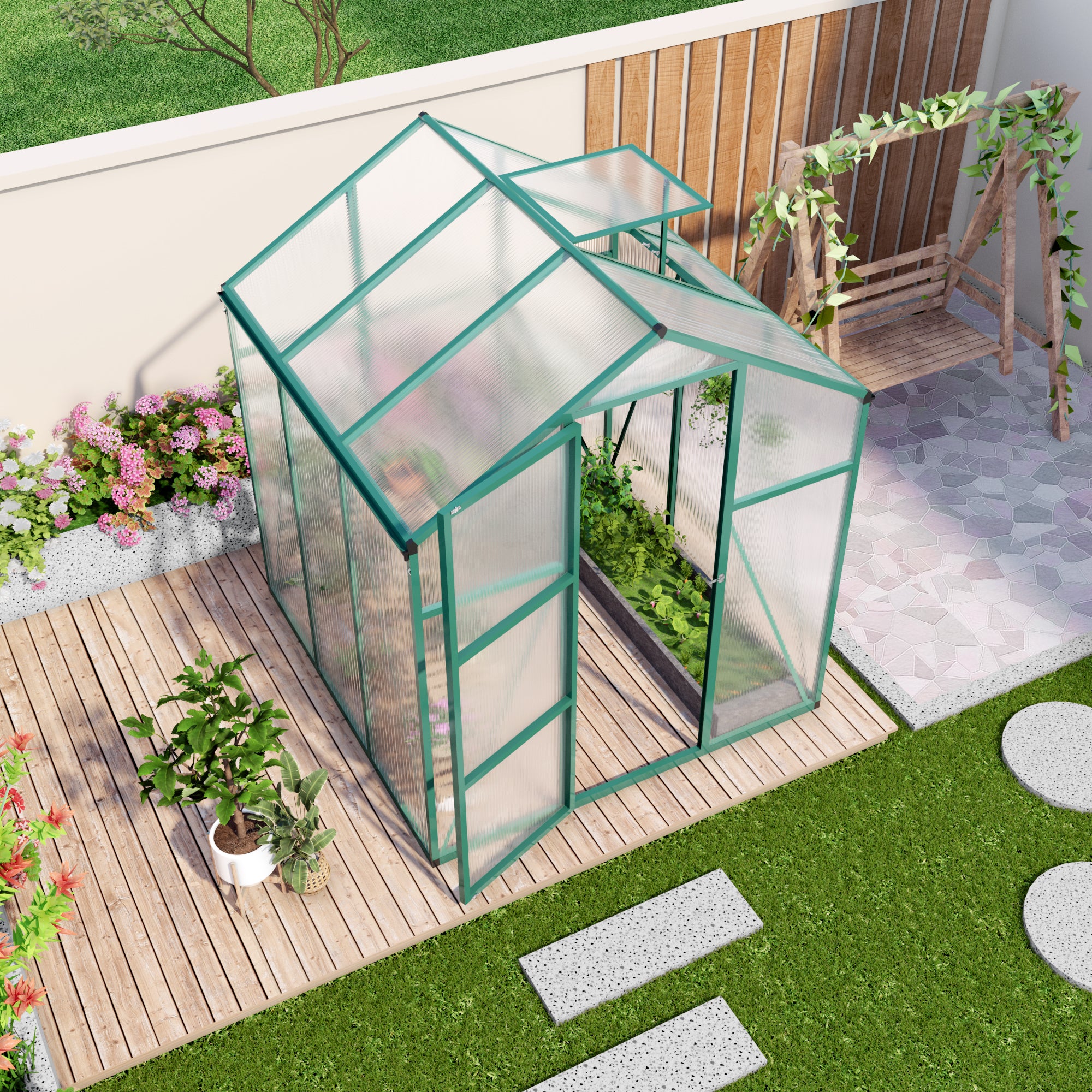 6ft x 6ft Heavy‑Duty Aluminum Walk‑In Greenhouse — Wind‑Resistant Polycarbonate Panels with Raised Base & Drainage System Green