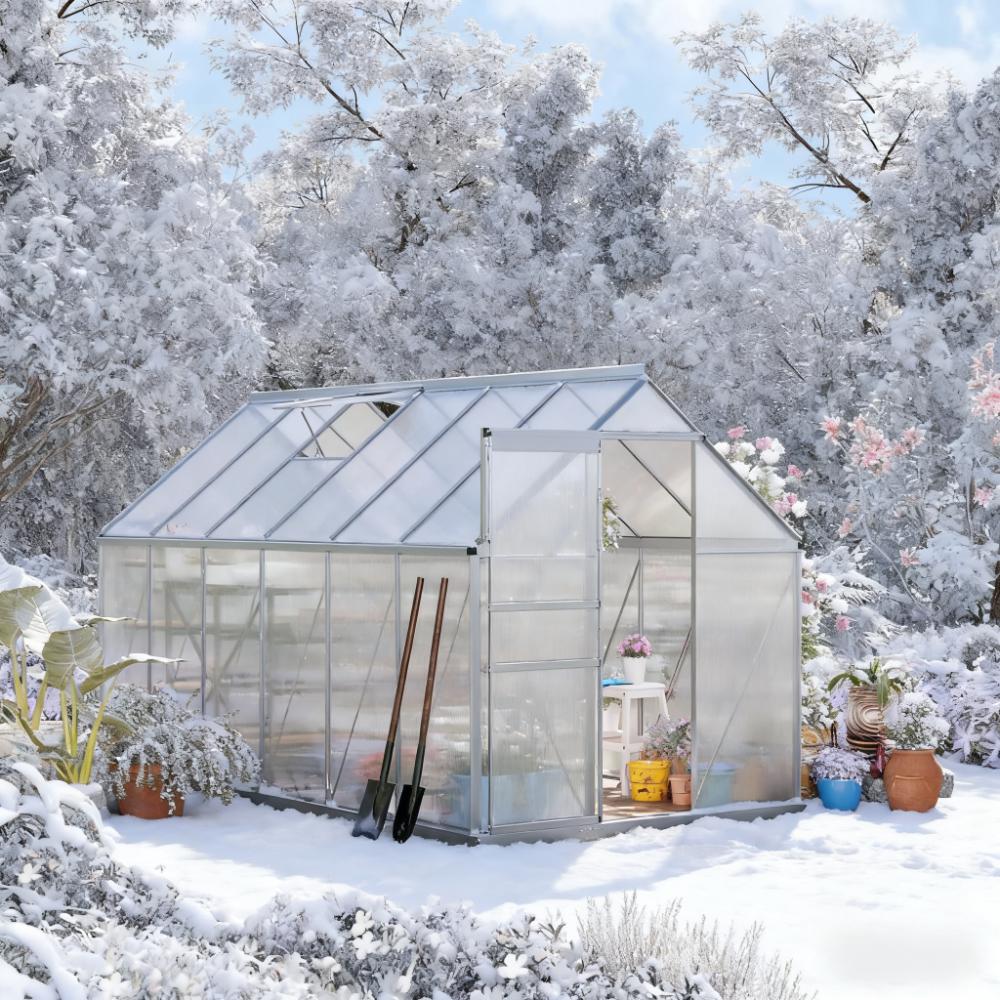 12.3ft x 6.2ft x 6.5ft Heavy‑Duty Aluminum Walk‑In Greenhouse — Polycarbonate Panels Sliding Door & Rooftop Vent Silver
