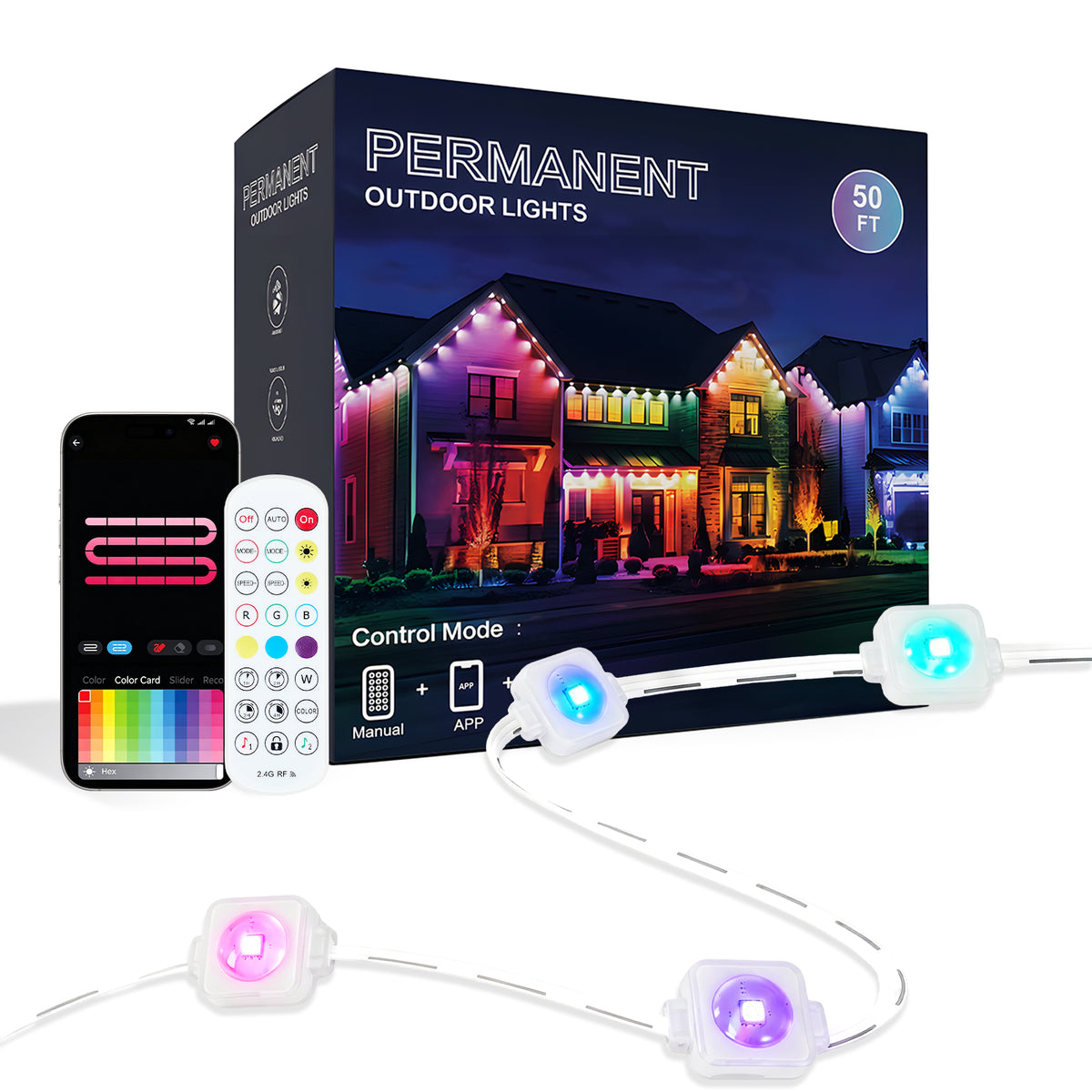 Permanent Outdoor Lights 50ft 30 LED RGB+IC for Eaves