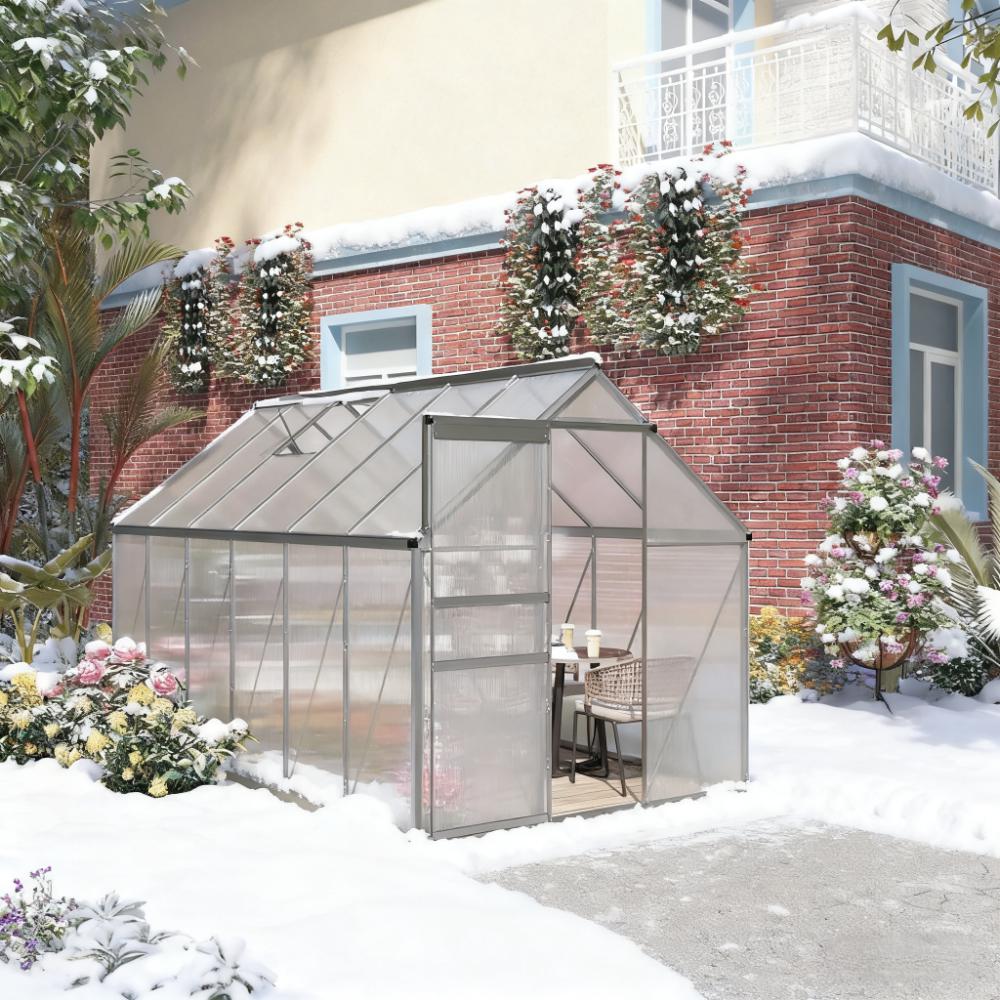 12.3ft x 6.2ft x 6.5ft Heavy‑Duty Aluminum Walk‑In Greenhouse — Polycarbonate Panels Sliding Door & Rooftop Vent Silver