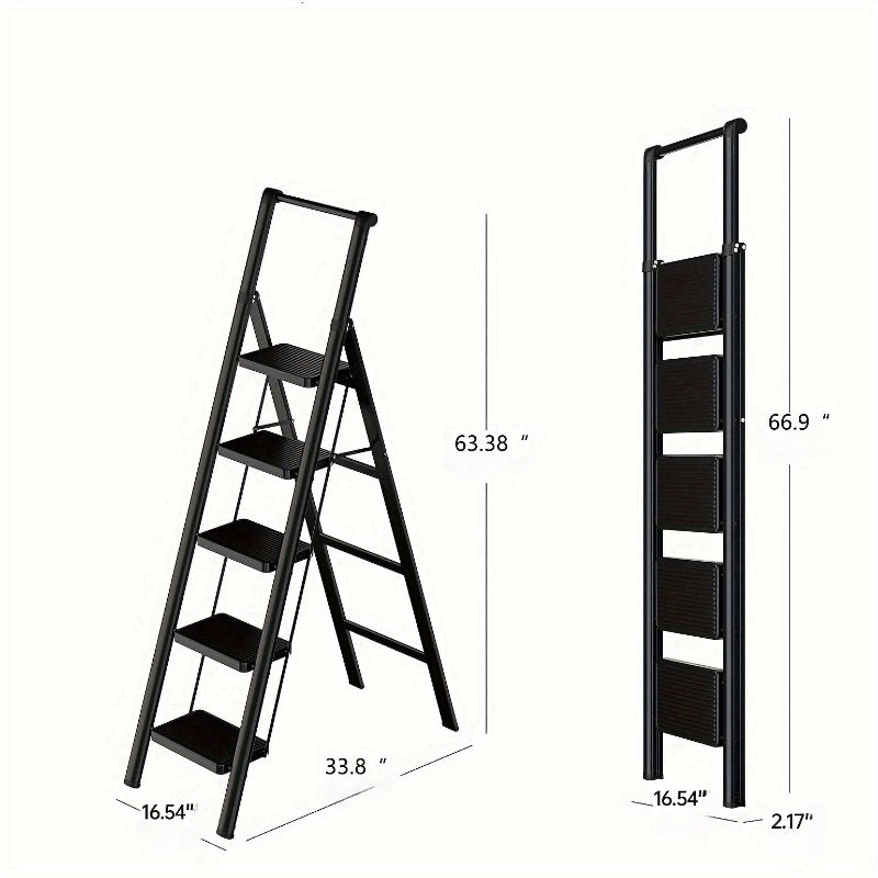 5‑Step Folding Steel Ladder — 600 lb Capacity, Anti‑Slip Wide Pedals, Black, Ideal for Home & Office