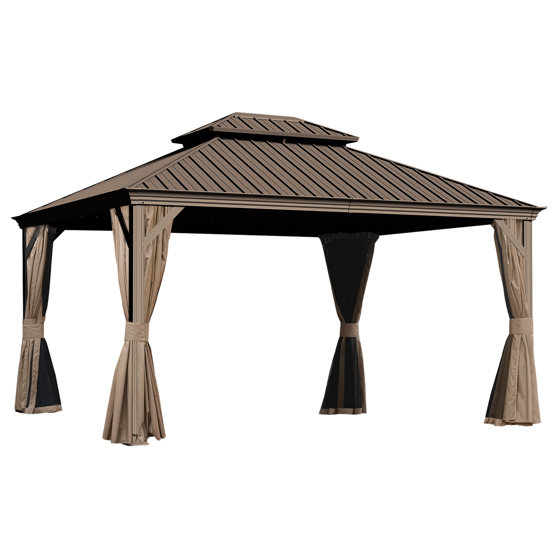 Hardtop Gazebo 13x15 ft with Double Roof, Galvanized Steel Pergola with Drainage, Curtains & Netting, Brown