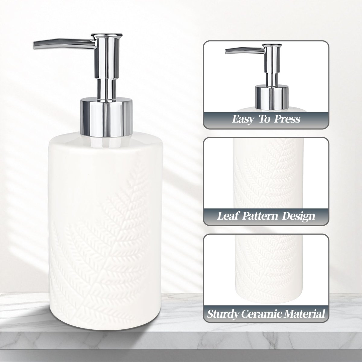 Bathroom Accessory Set, 3 Pcs Ceramic Sets with Toothbrush Holder, Soap Dispenser, Soap Dish, Modern Bathroom Sink Set Vanity Countertop Decor, White Tumbler Cup with Leaf - Look - HomeDIYer