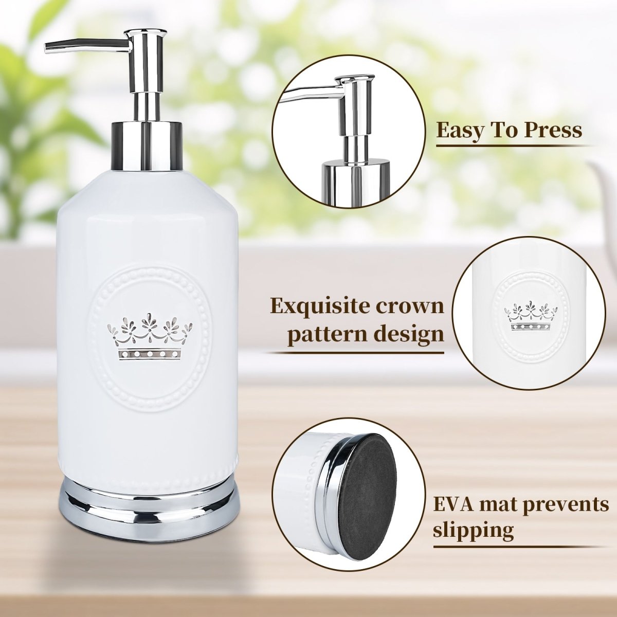 Bathroom Accessory Set, 4 Pcs Ceramic Sets with Crown Motif, Toothbrush Holder, Soap Dispenser, Soap Dish, Tumbler Cup（ White and Silver） - HomeDIYer